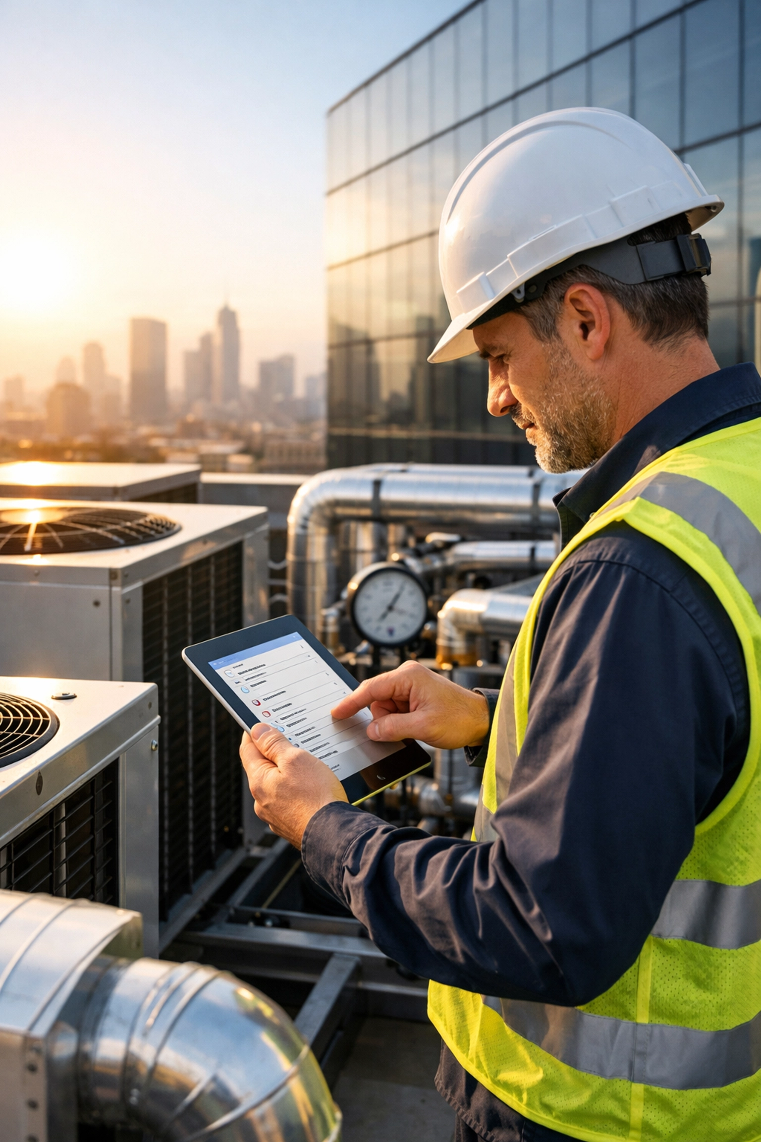 Professional maintenance engineer inspecting a commercial HVAC system as part of a PPM schedule.