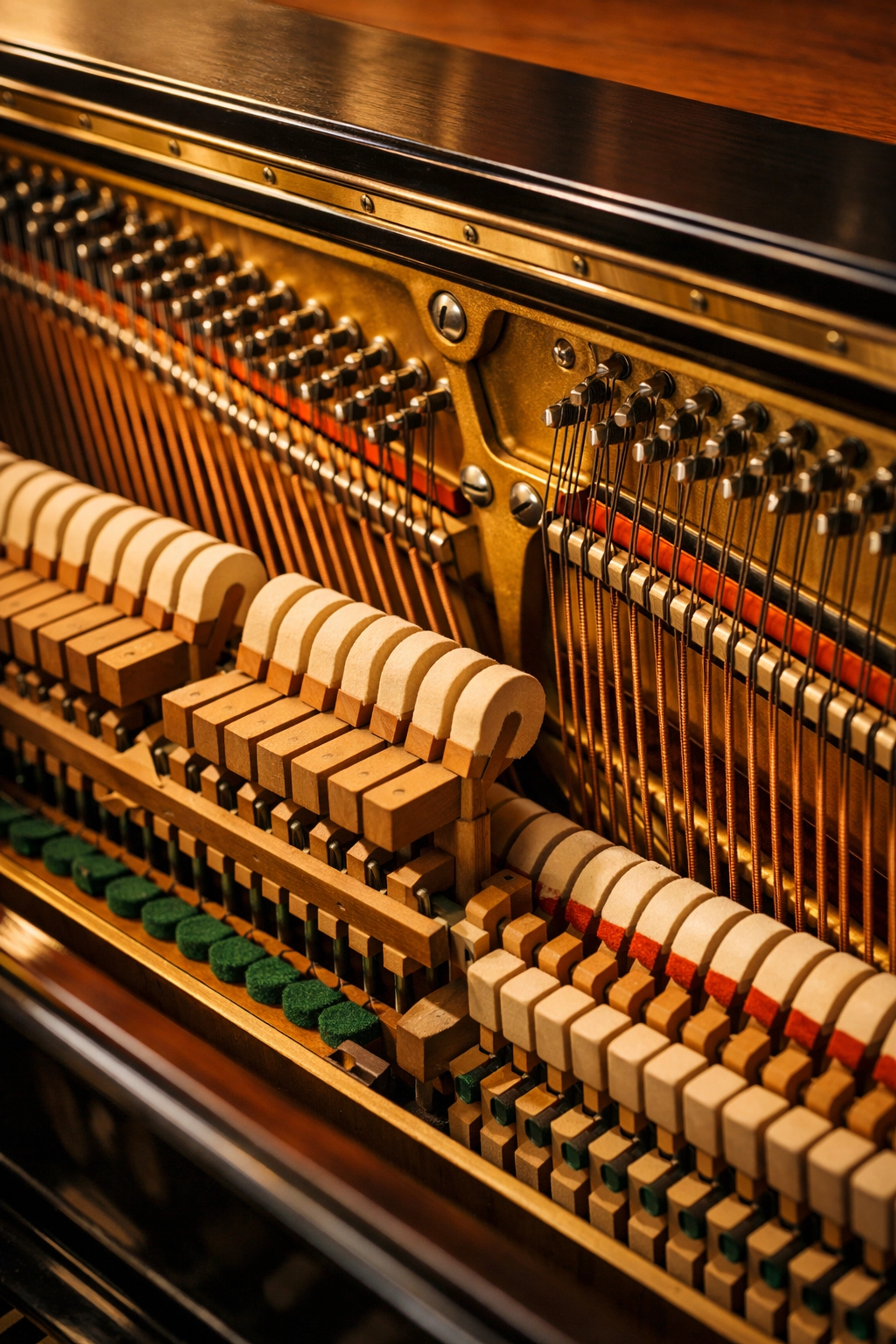 Detailed view of piano strings and hammers, illustrating the mechanics taught in music composition lessons.