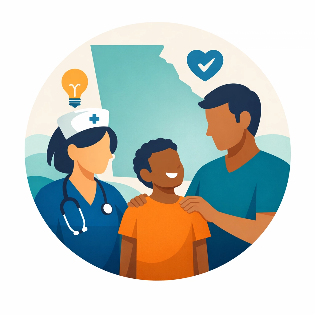 Integrity Home Care nurse and family representing pediatric nursing services across 129 Georgia counties.