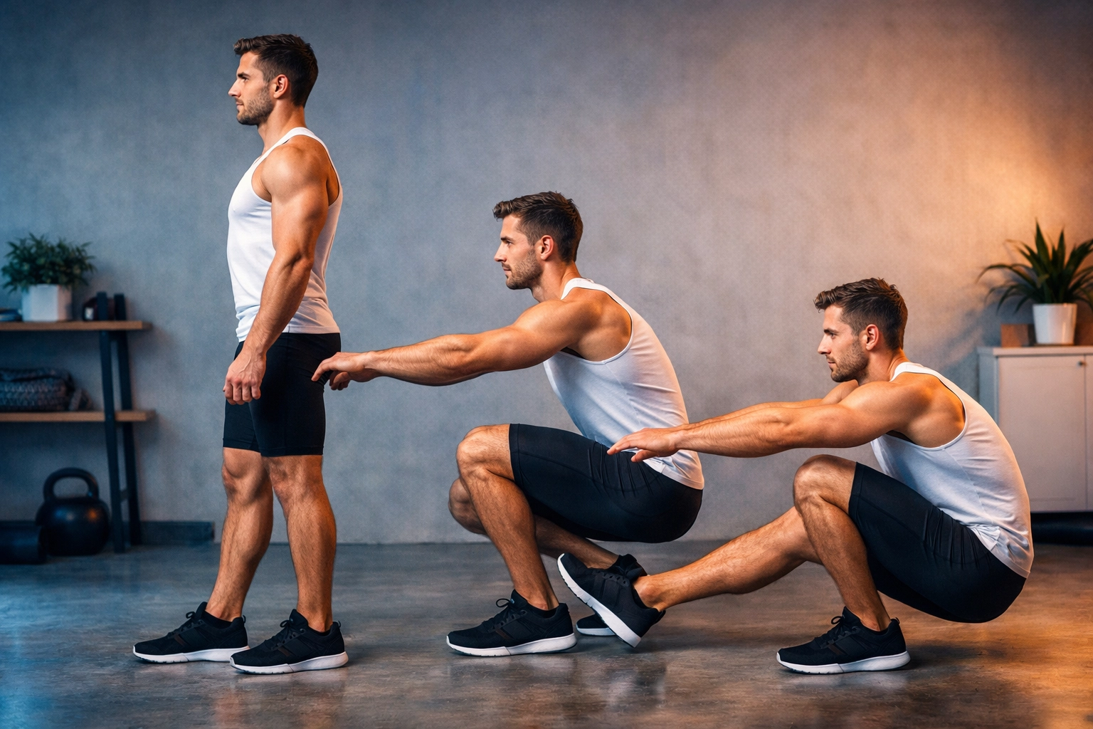 Pistol squat progression sequence showing proper form for single-leg bodyweight exercise