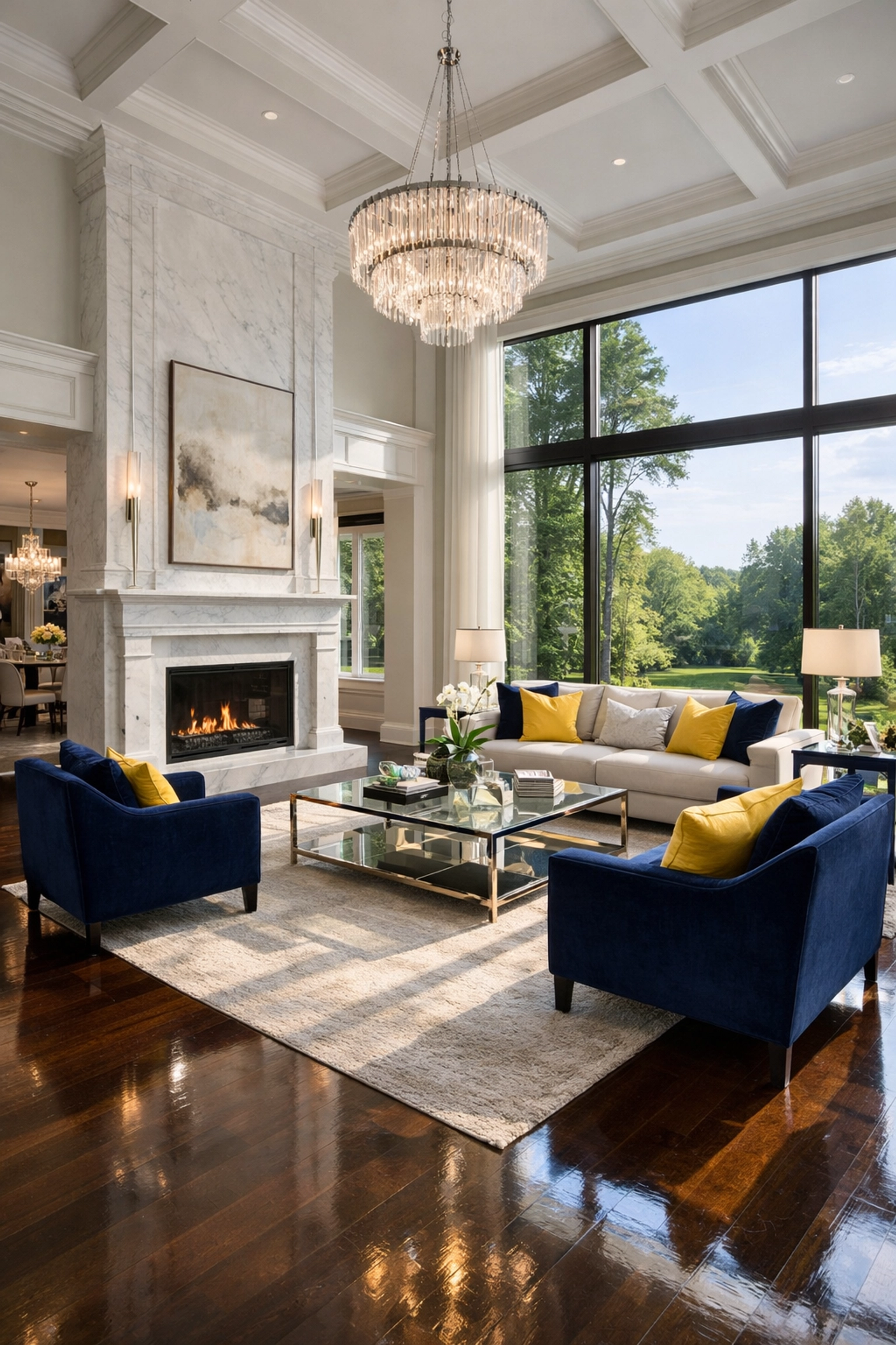 Pristine luxury living room in a Westford estate following a professional house cleaning service.