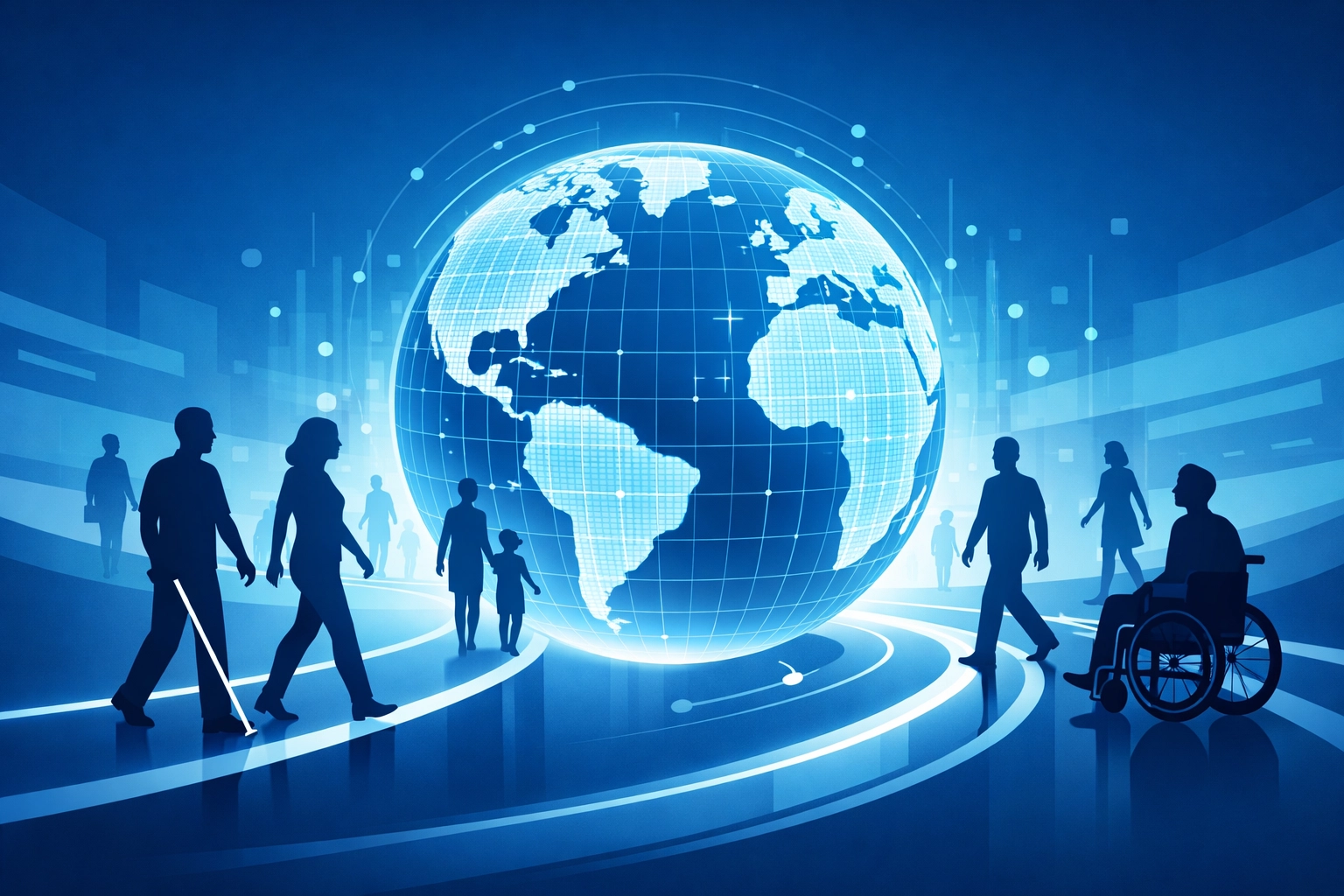 Inclusive web design illustration showing diverse users accessing a digital globe via accessible paths.