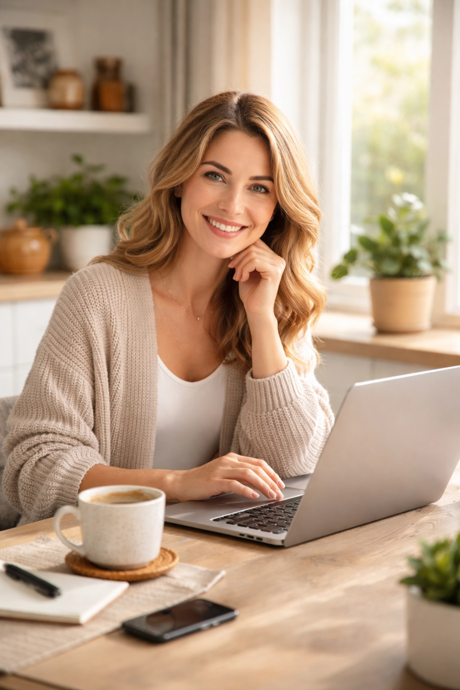 Smiling stay-at-home mom working from home with laptop and coffee, balancing family and career with ease.