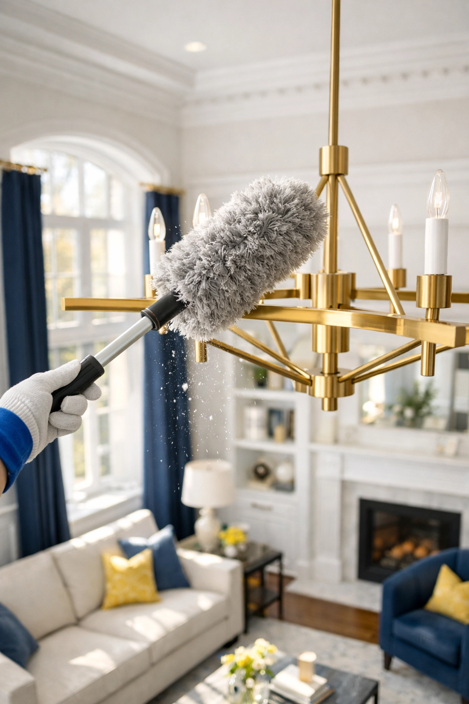 Professional cleaners Lowell dusting a gold chandelier in a high-end living room using a microfiber cloth.