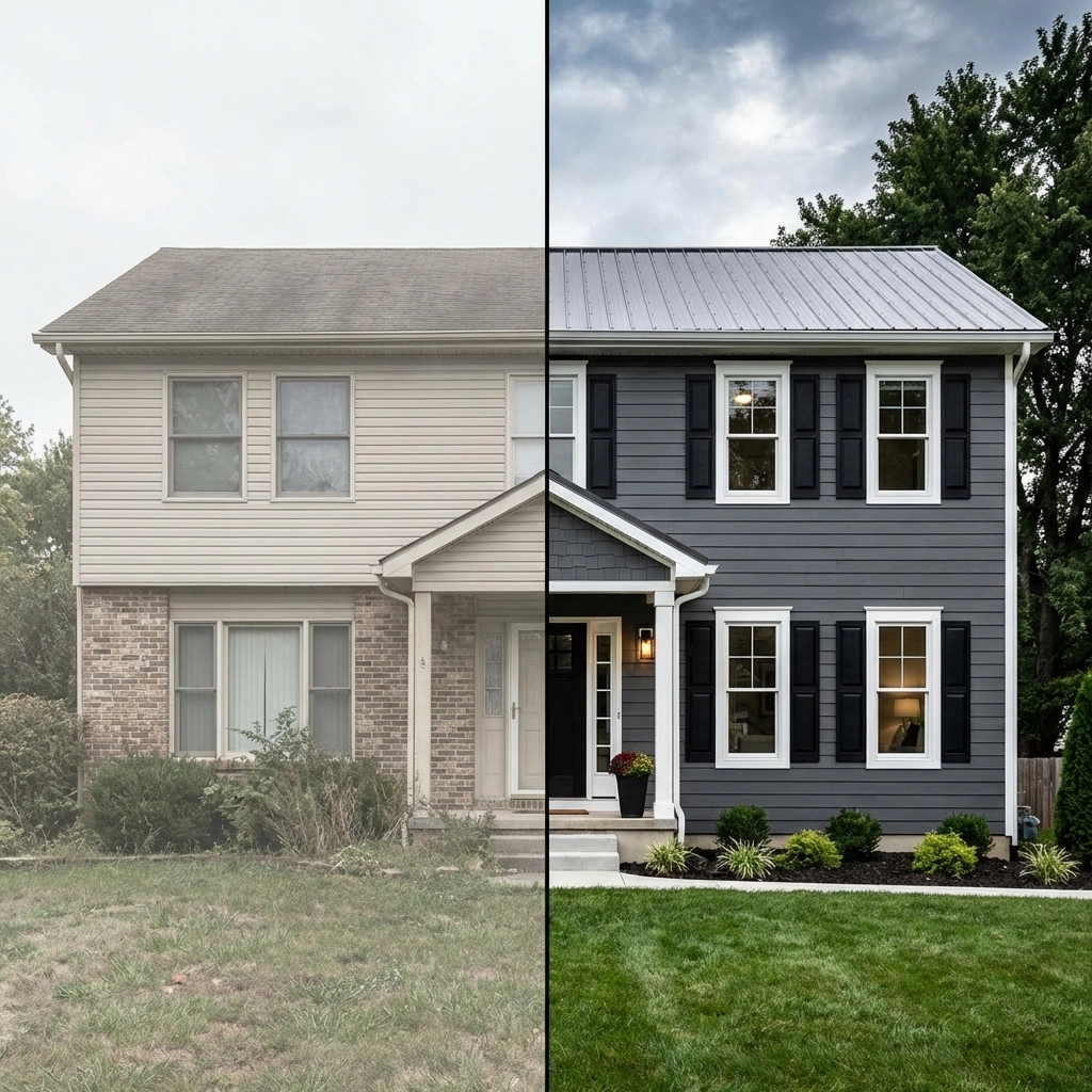 Before and after comparison of a Chattanooga home transformation from faded vinyl to iron gray siding