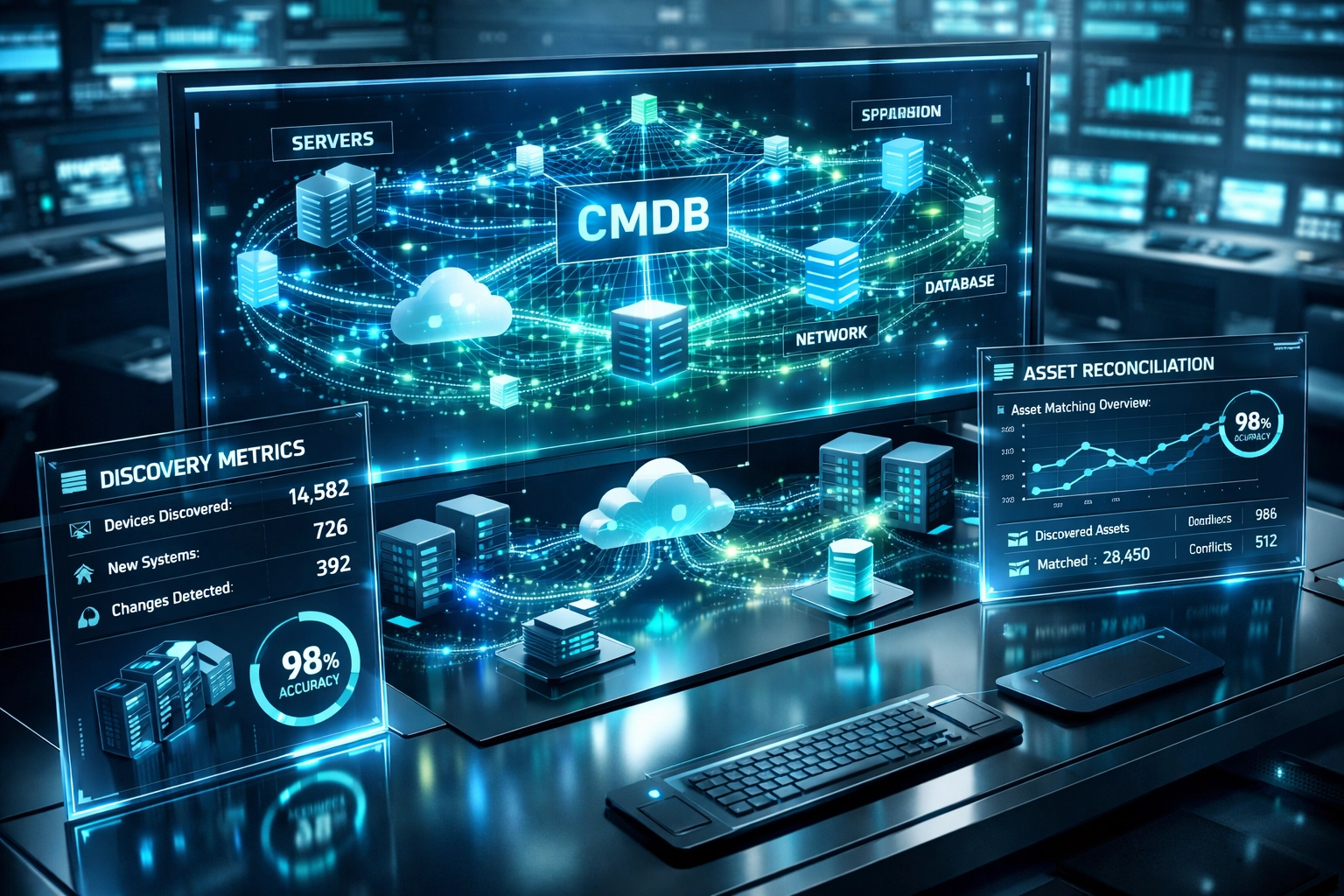 ServiceNow ITOM dashboard showing automated CMDB discovery and AI-powered asset reconciliation analytics