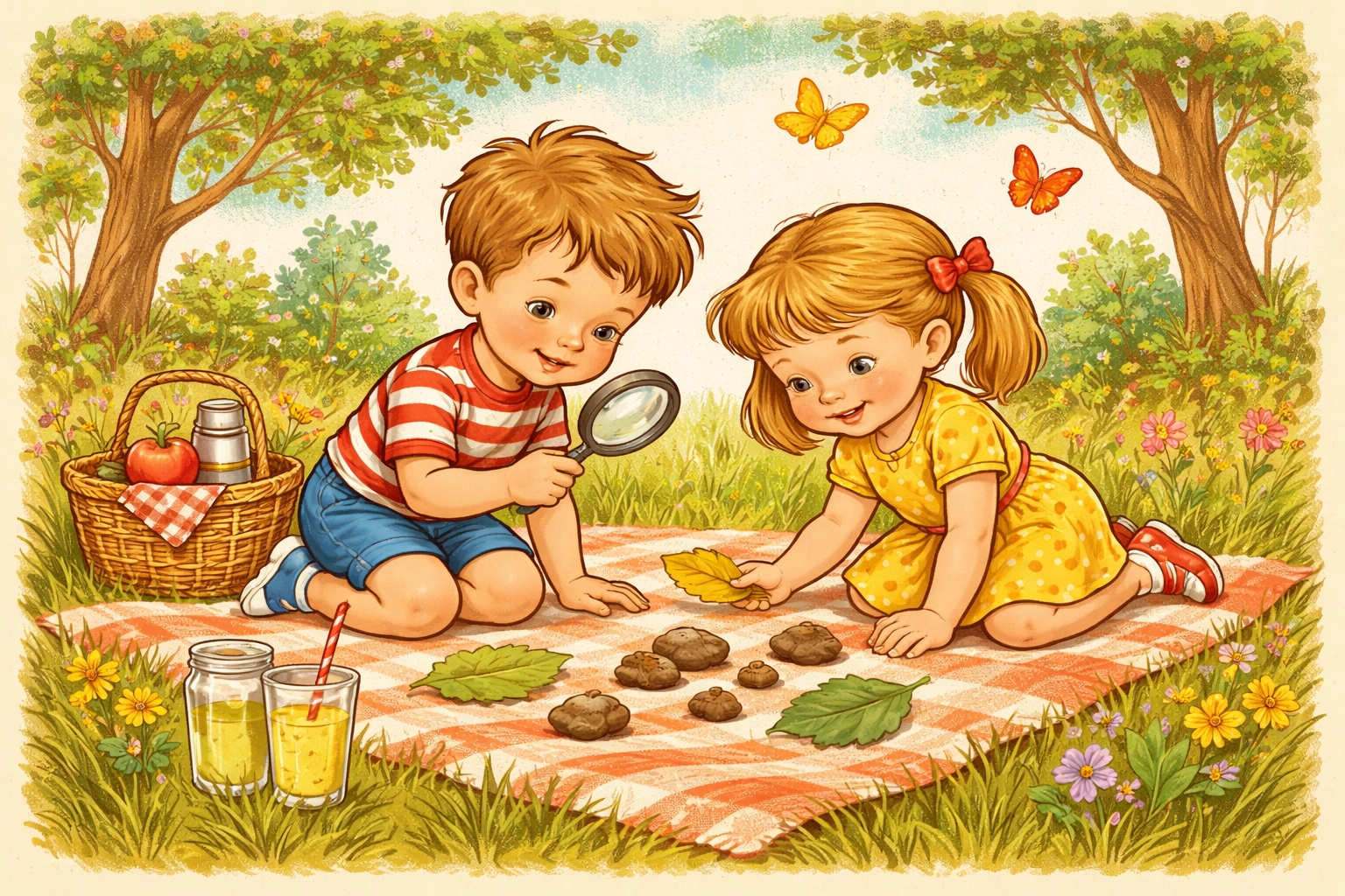 Two children examining leaves and rocks from their nature scavenger hunt on a picnic blanket in tall grass