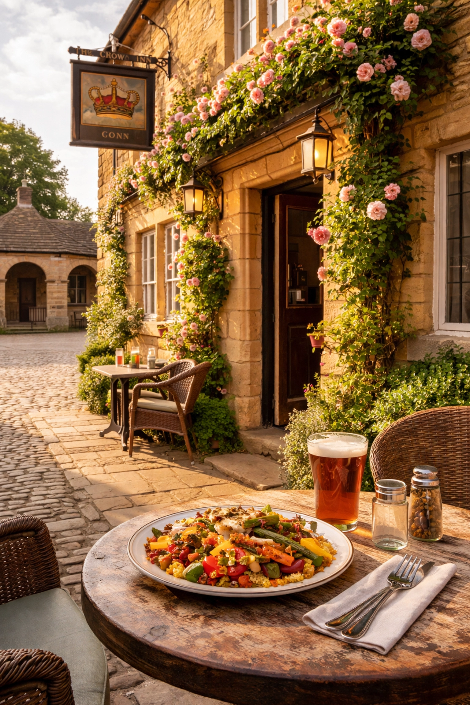 Historic Cotswolds pub with outdoor vegetarian meal, honey-colored stone, and roses in Stow-on-the-Wold