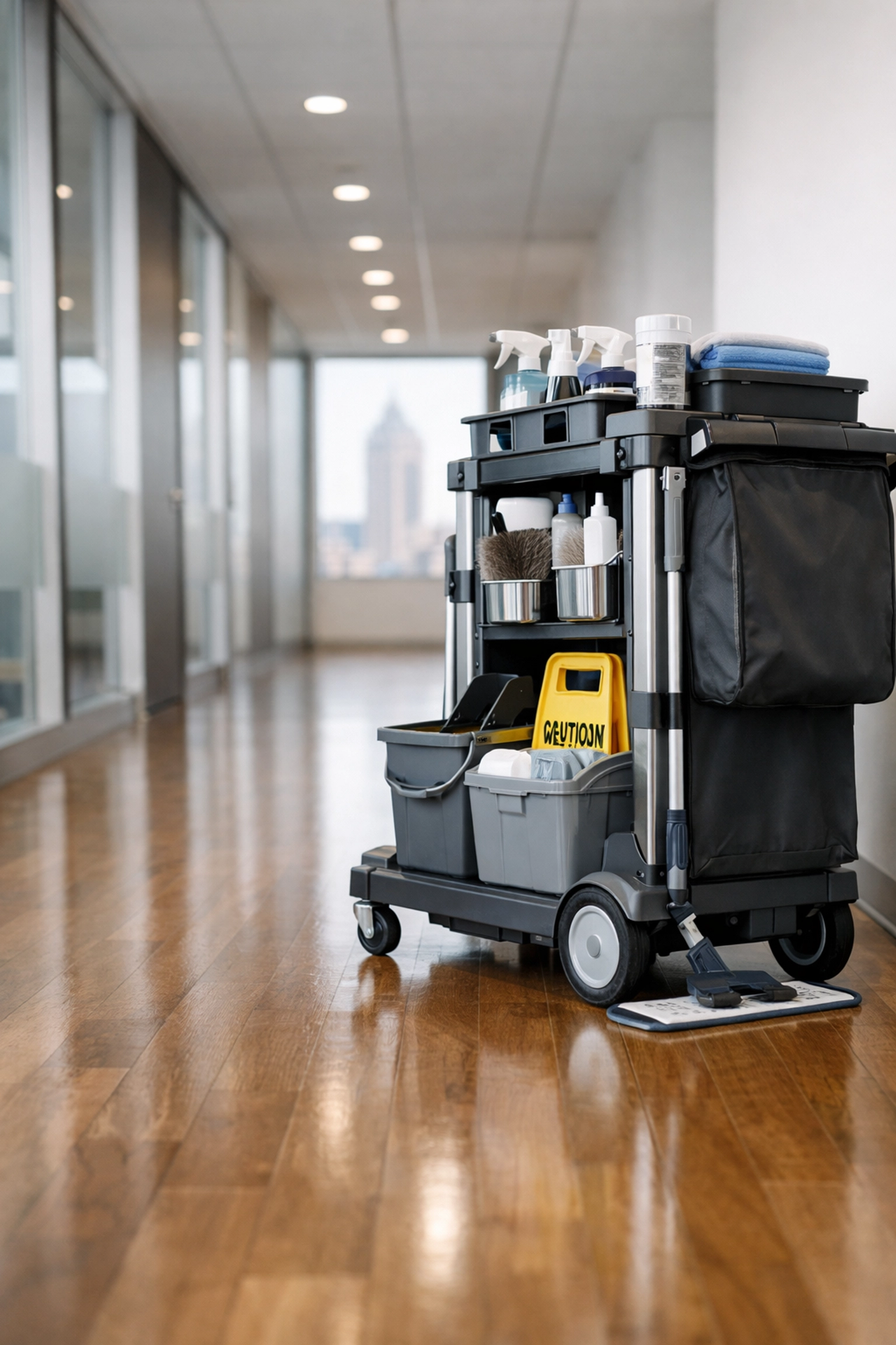 Professional janitorial cart in a clean Indianapolis office corridor with streak-free hardwood floors.