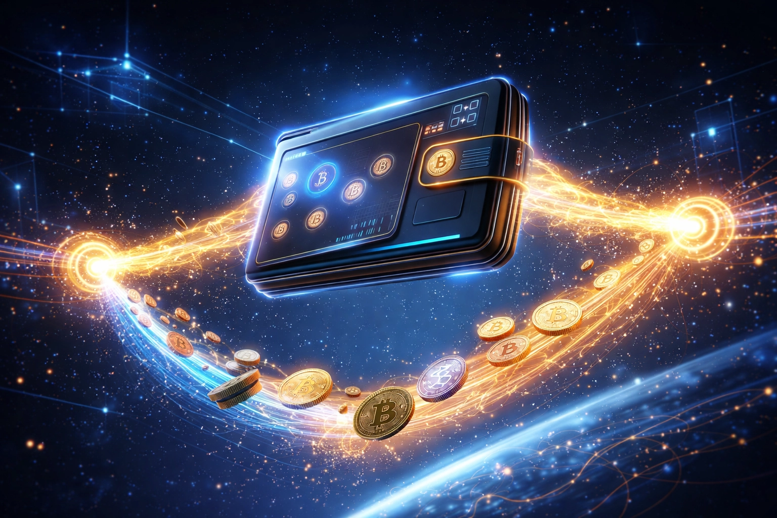 Digital wallet in outer space securely transferring cryptocurrency, representing Larecoin's self-custody merchant payments innovation.