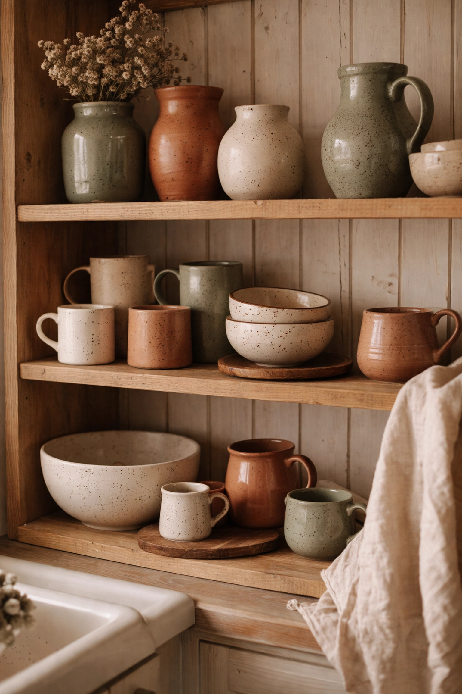 Artisan ceramic pottery on wooden kitchen shelves, highlighting ceramic home decor and maintenance