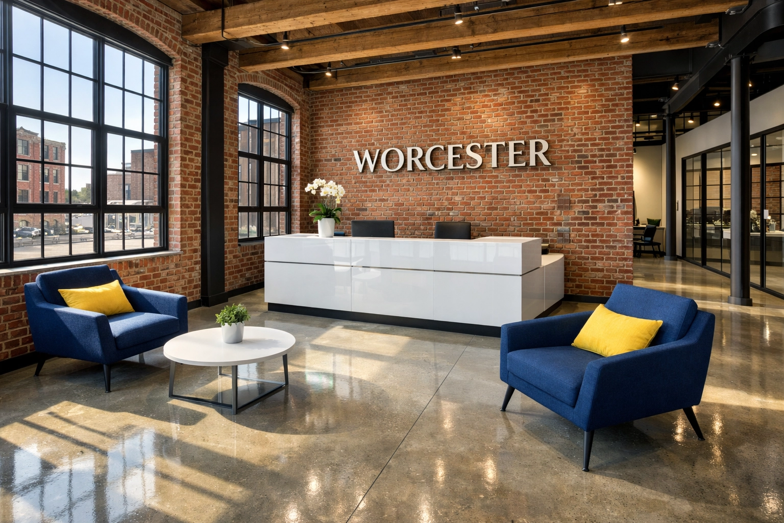 Professional office cleaning Worcester in a high-end Canal District reception area with polished floors.