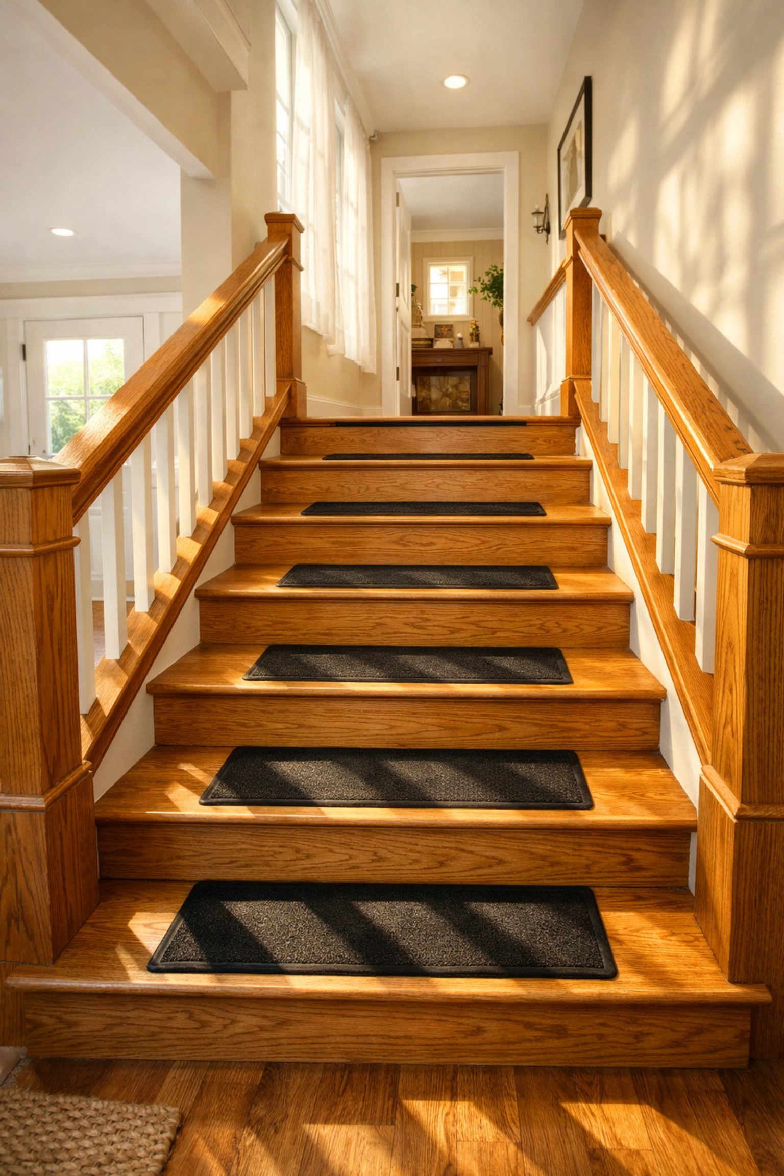 Wooden staircase featuring dual bilateral handrails and non-slip treads for enhanced senior stair safety.
