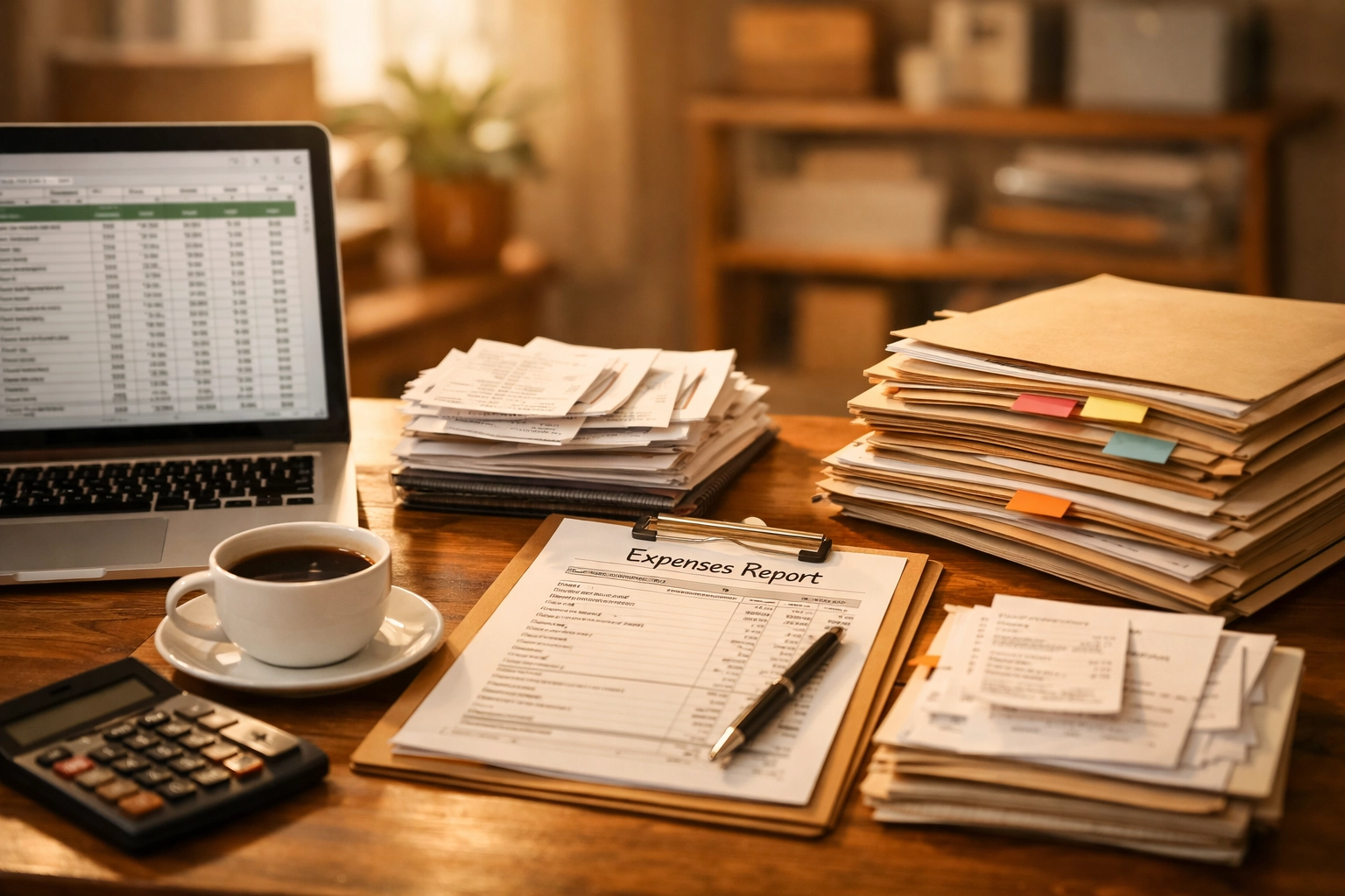 Organized financial documents and receipts on desk for small business tax preparation