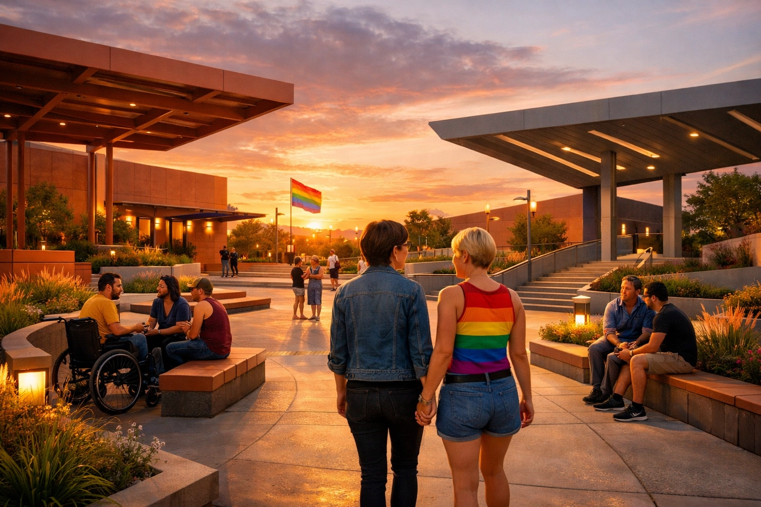 Inclusive urban plaza designed for accessibility with LGBTQ+ community gathering at sunset