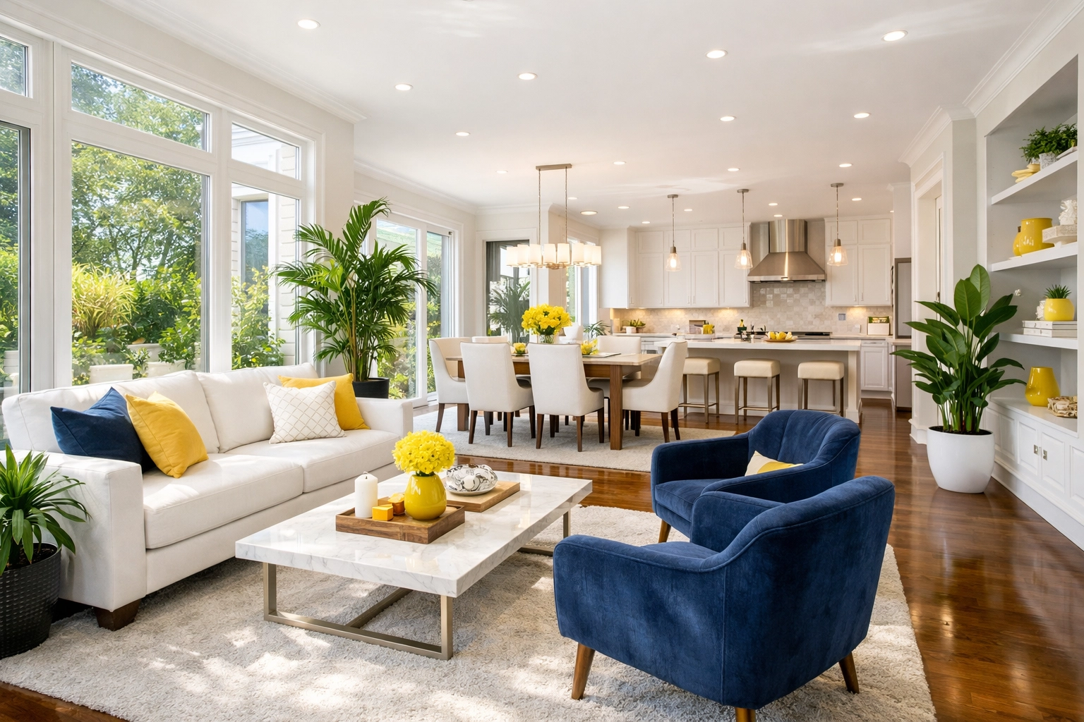 A bright, allergen-free home interior with clear windows and healthy air quality from deep cleaning.