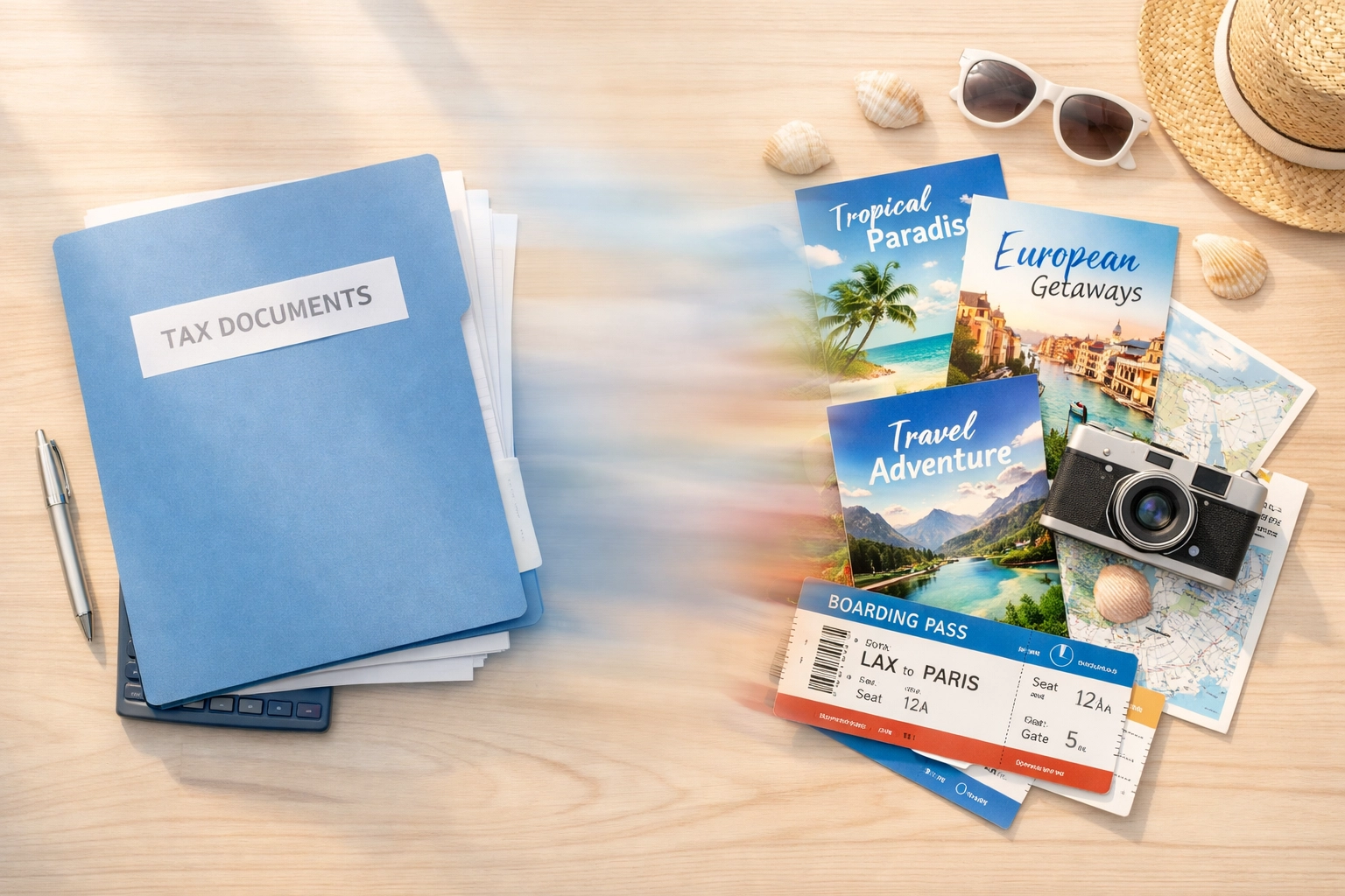 Tax refund documents transforming into travel brochures and vacation planning materials