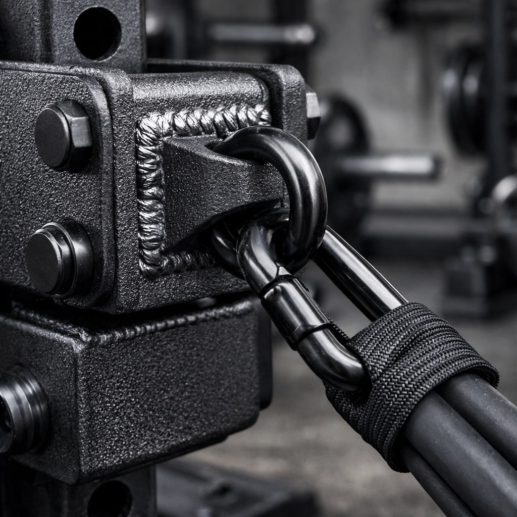 Close-up of heavy-duty steel carriage and resistance bands on professional home gym equipment.