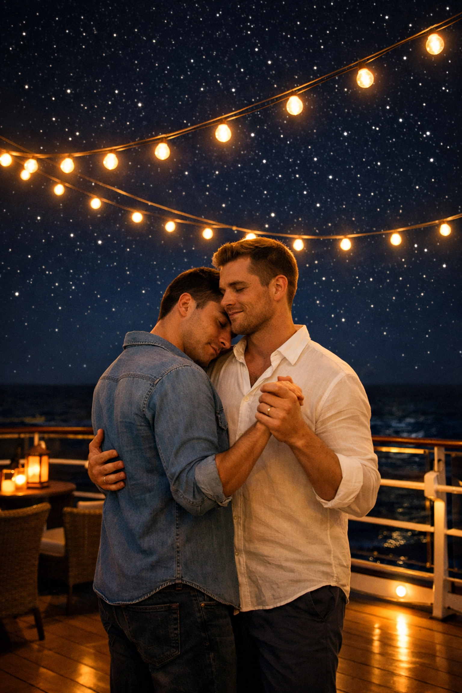 Gay couple slow dancing under string lights on cruise ship deck at night