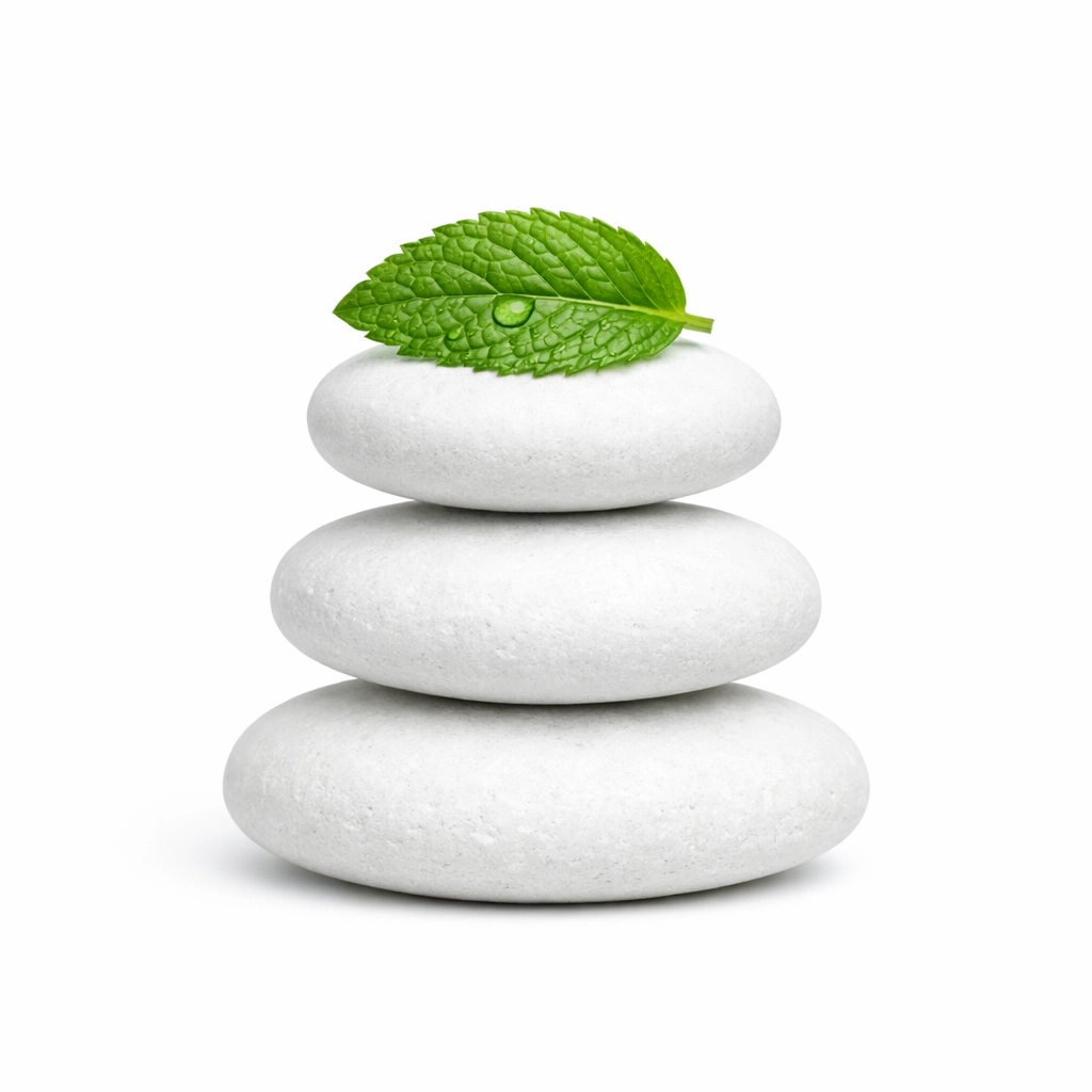 Stacked white river stones with a green leaf symbolizing productivity and balance for a healthy mindset.