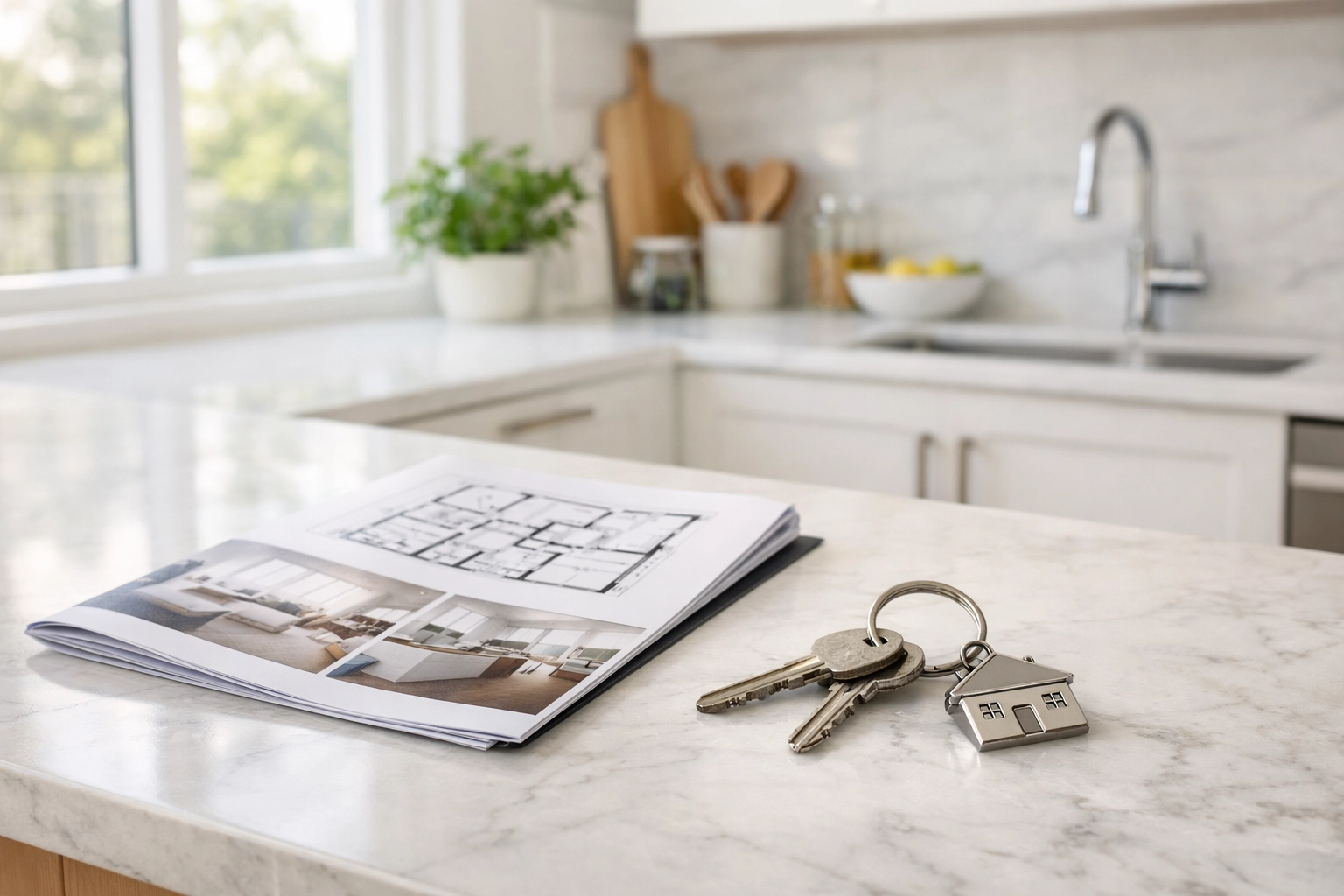 Modern kitchen with house keys and real estate documents, representing the home buying process.