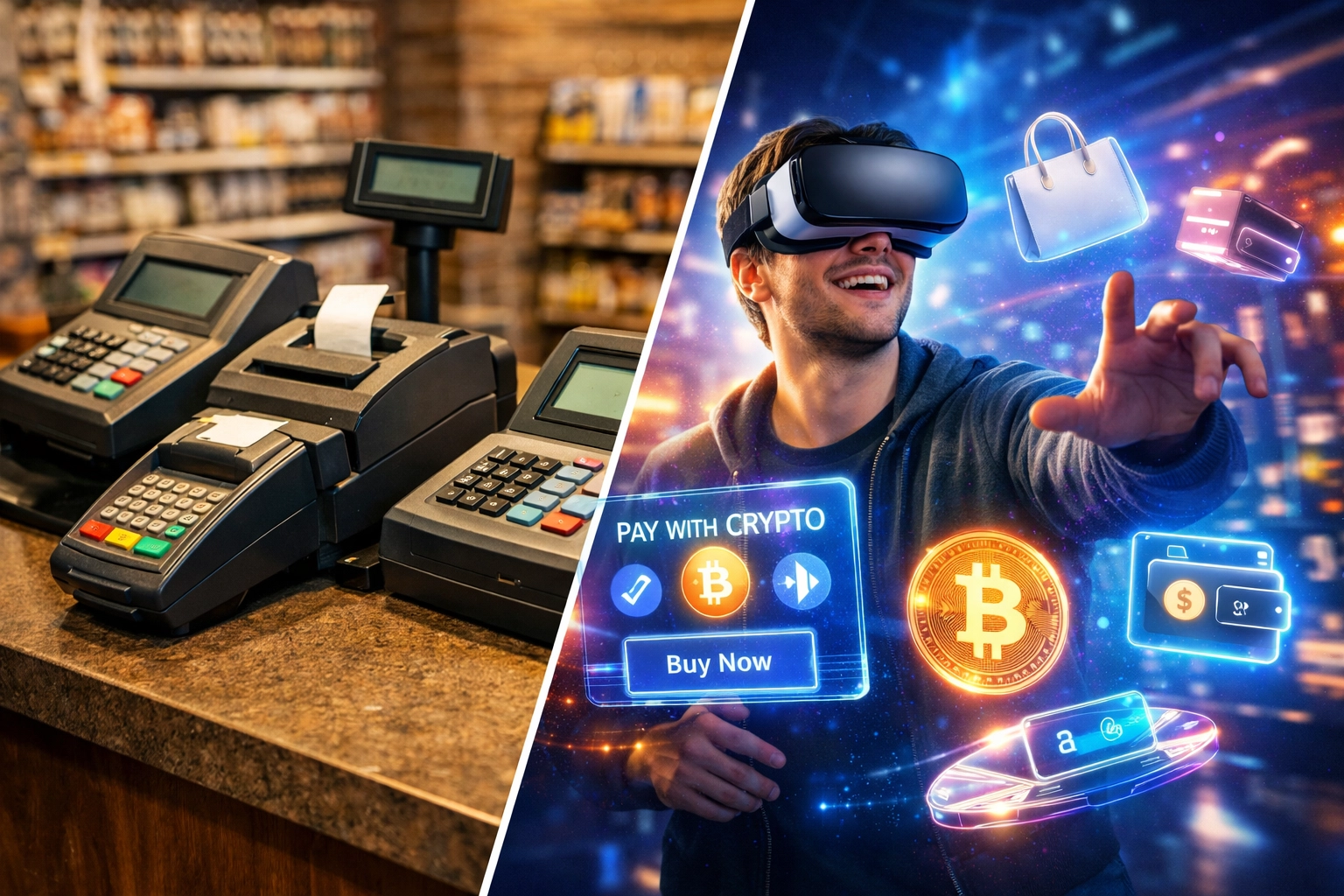 Traditional retail store compared to virtual reality crypto payment storefront