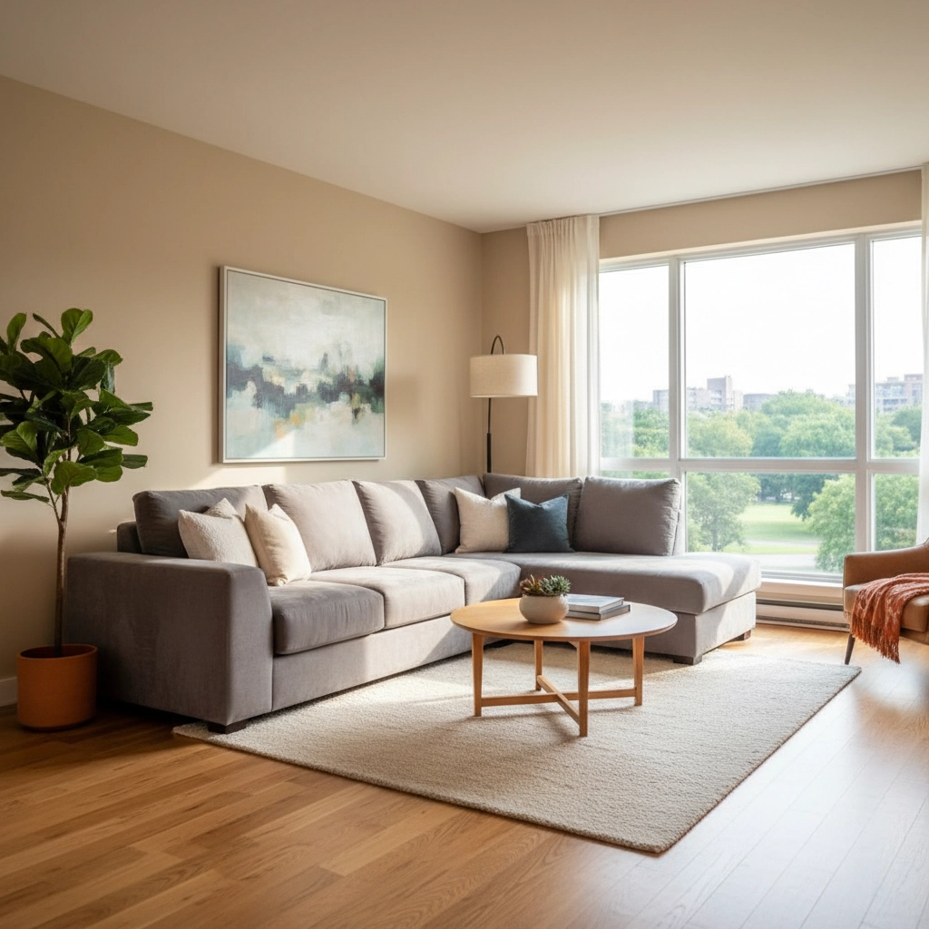 Modern living room with a gray sectional sofa, wooden coffee table, and floor lamp. Large window with greenery view, calm and inviting.