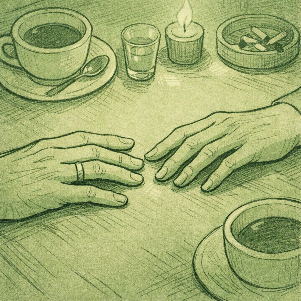 Two men's hands reaching across table, one wearing wedding ring, depicting hidden connection and secrecy