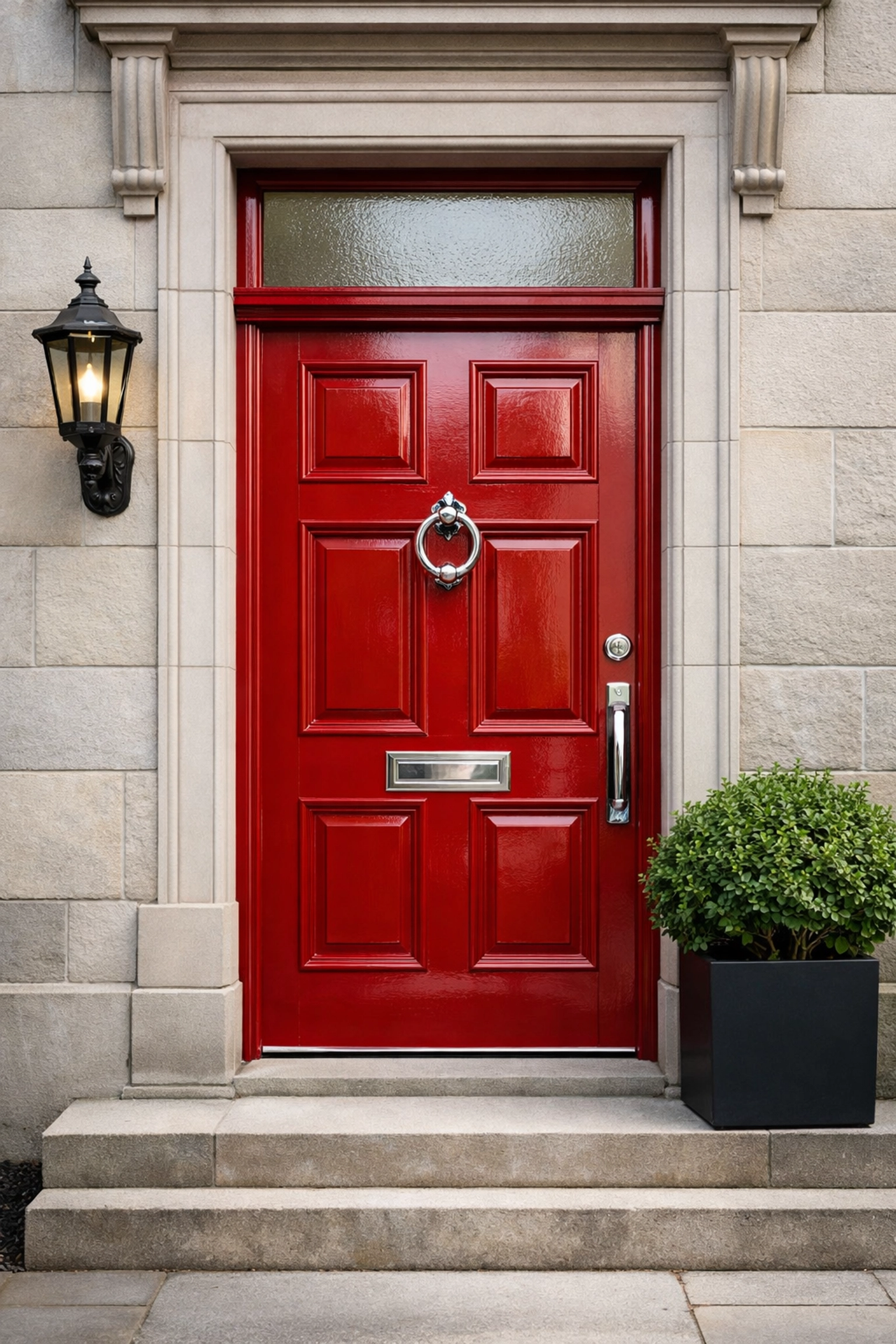 Elegant red front door of a Glasgow home, highlighting curb appeal for a professional house valuation in Scotland.