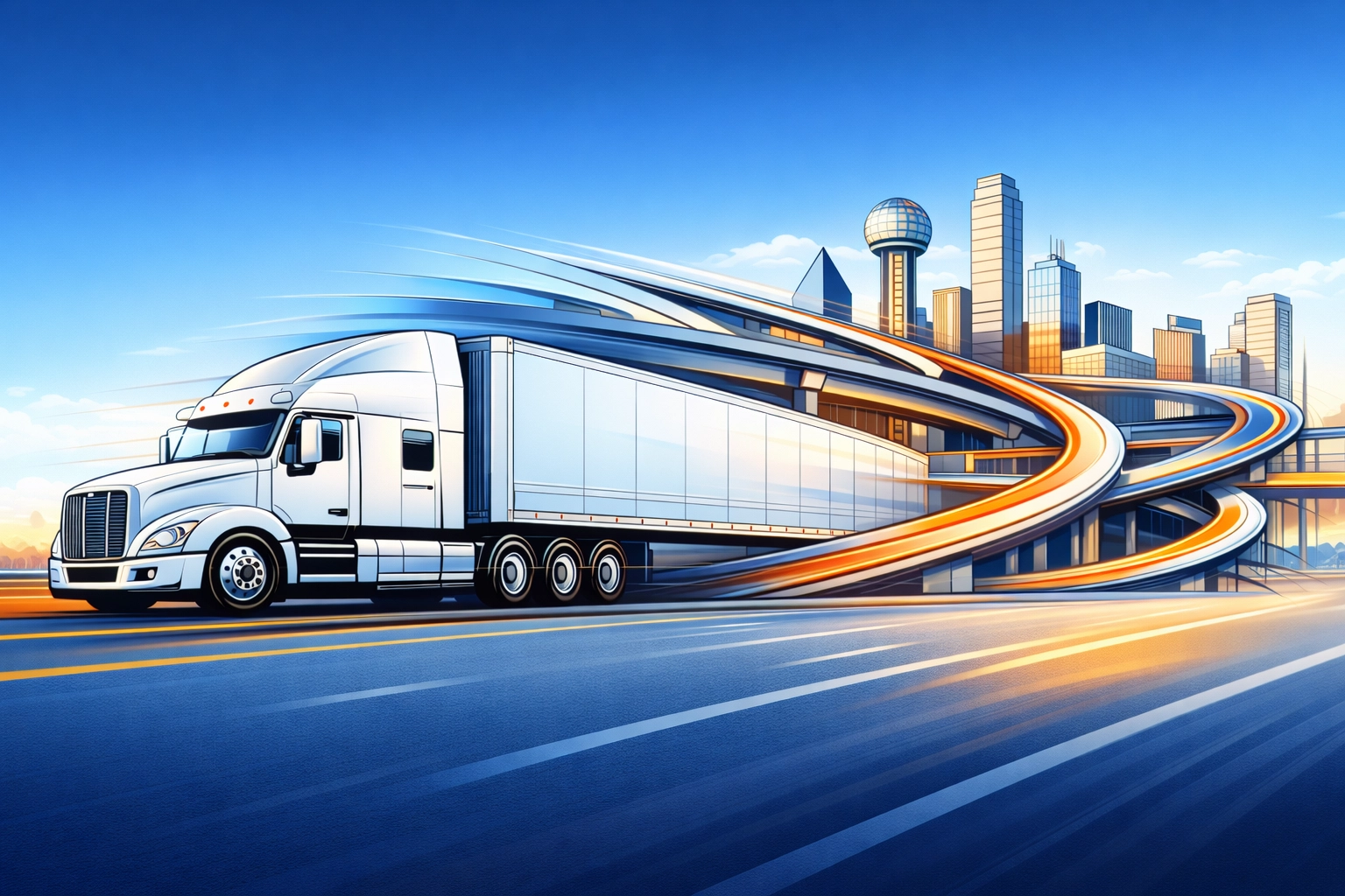 Minimalist line drawing of a commercial semi-truck on a highway representing fleet equipment financing.