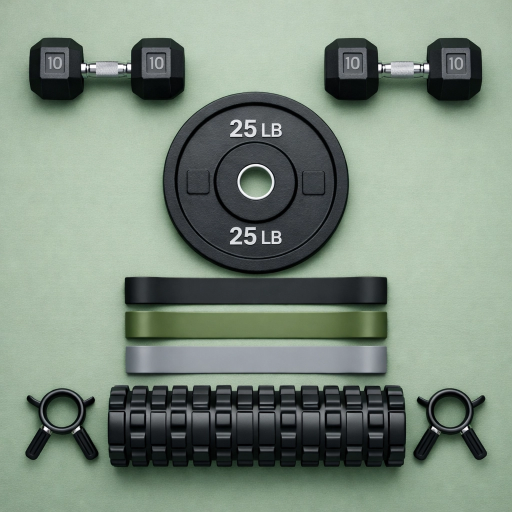 Gym equipment including dumbbells, barbell plate, and resistance bands for strength training