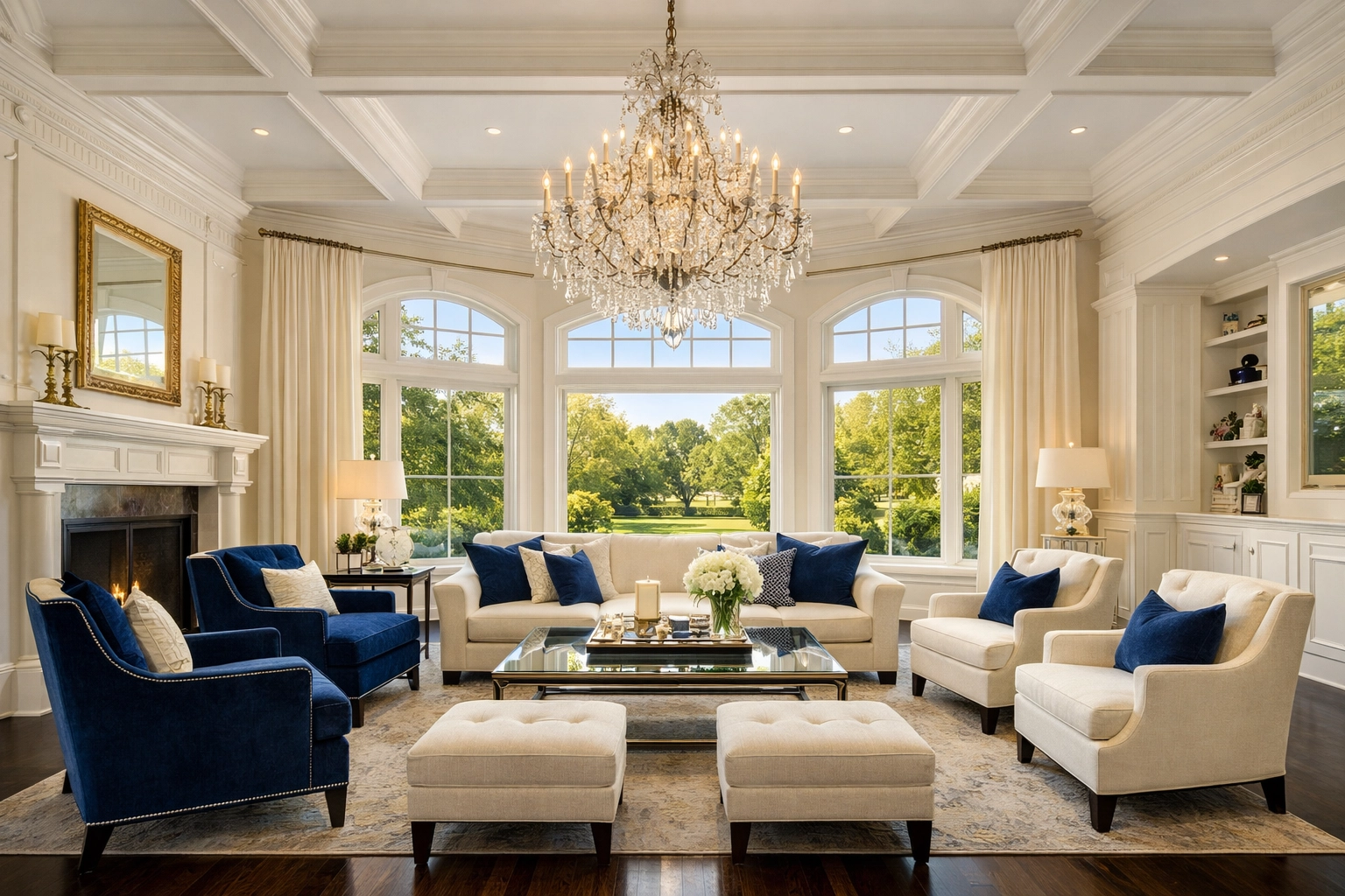 Spotless luxury living room in a Dover estate after premium residential cleaning Massachusetts service.