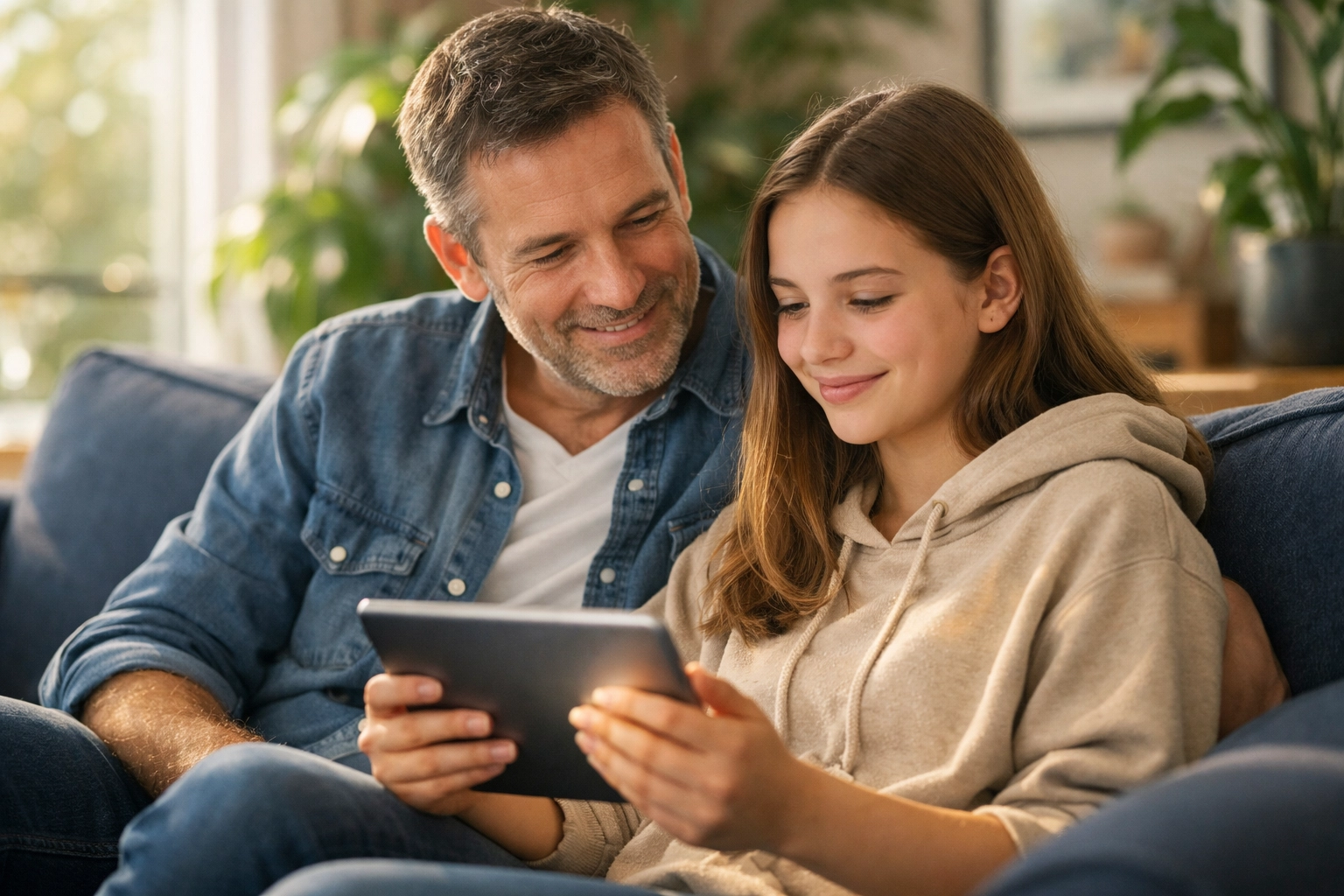 Father and teen daughter using a tablet safely, highlighting Indiana child safety laws and digital privacy.