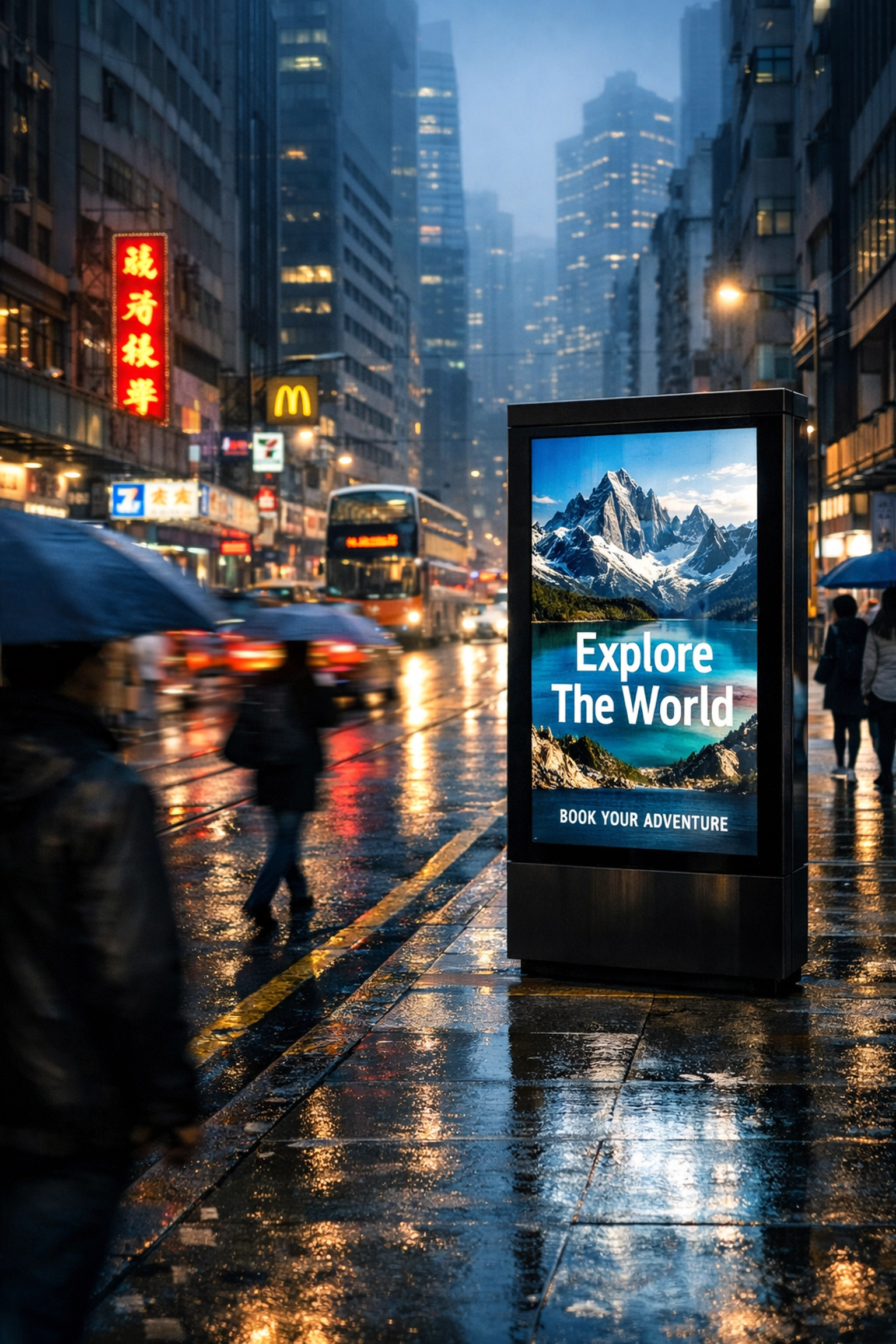 Weather-triggered digital advertising kiosk on a bustling, rainy street in Hong Kong.