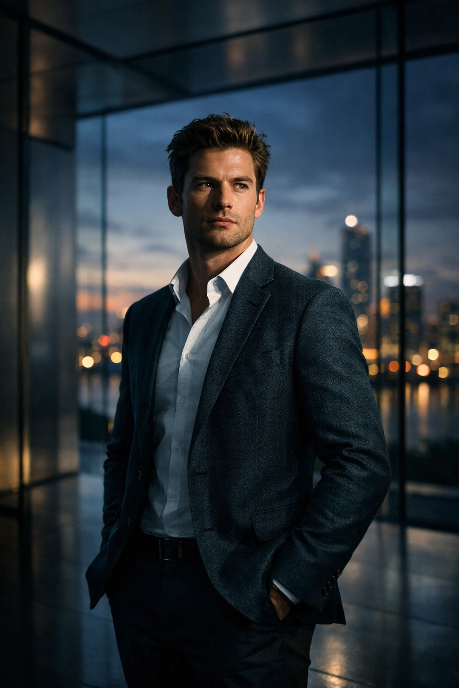 Executive corporate headshot in a modern office with city skyline background — polished LinkedIn profile photo example for “executive headshot photographer near me,” “corporate headshots near me,” and “professional business headshots” searches