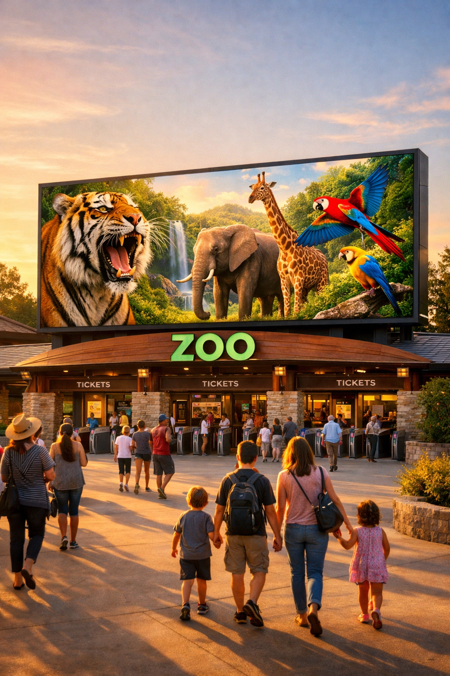 Modern zoo entrance featuring large digital jumbotron display with families entering venue