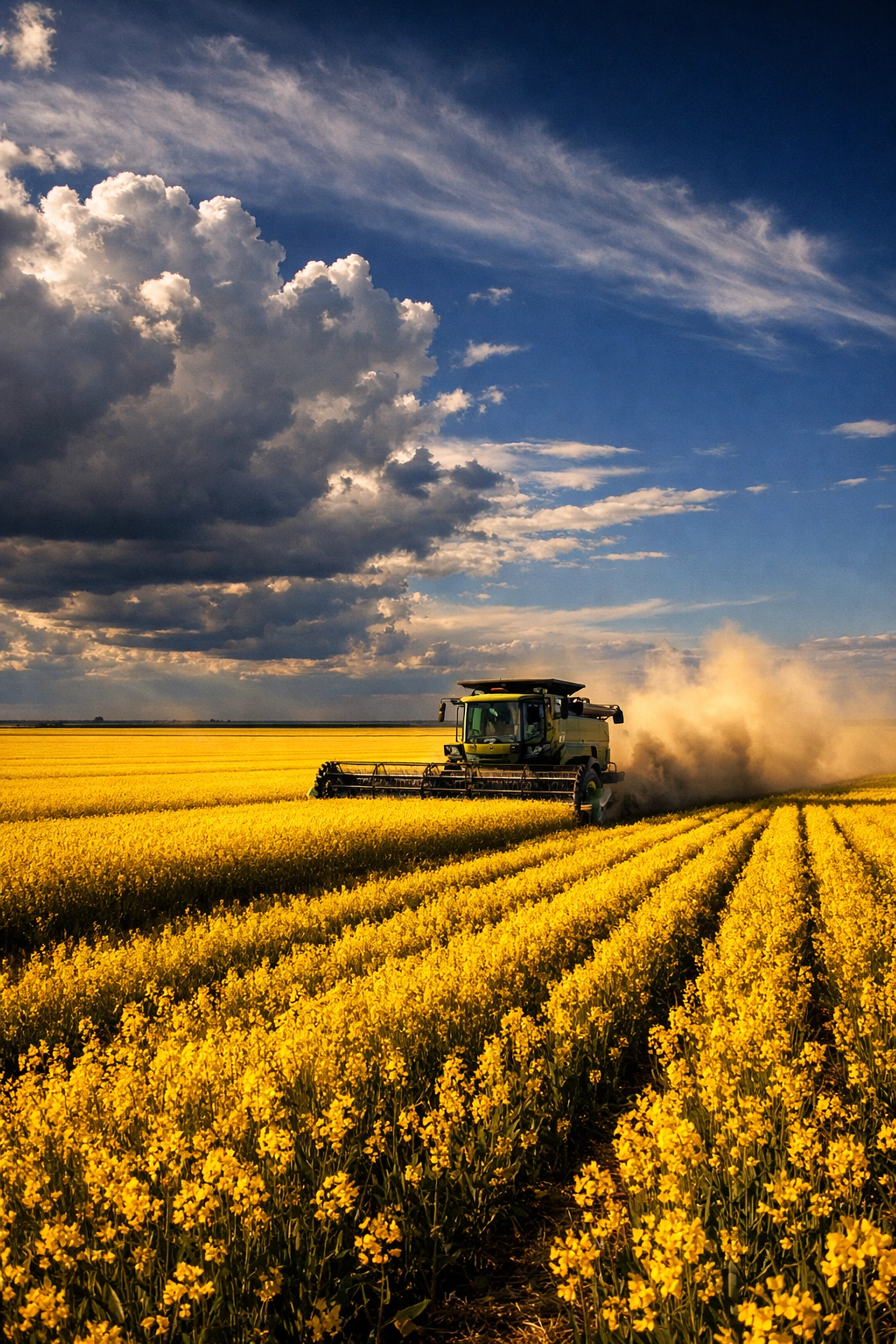 Saskatchewan canola field with harvester under prairie sky