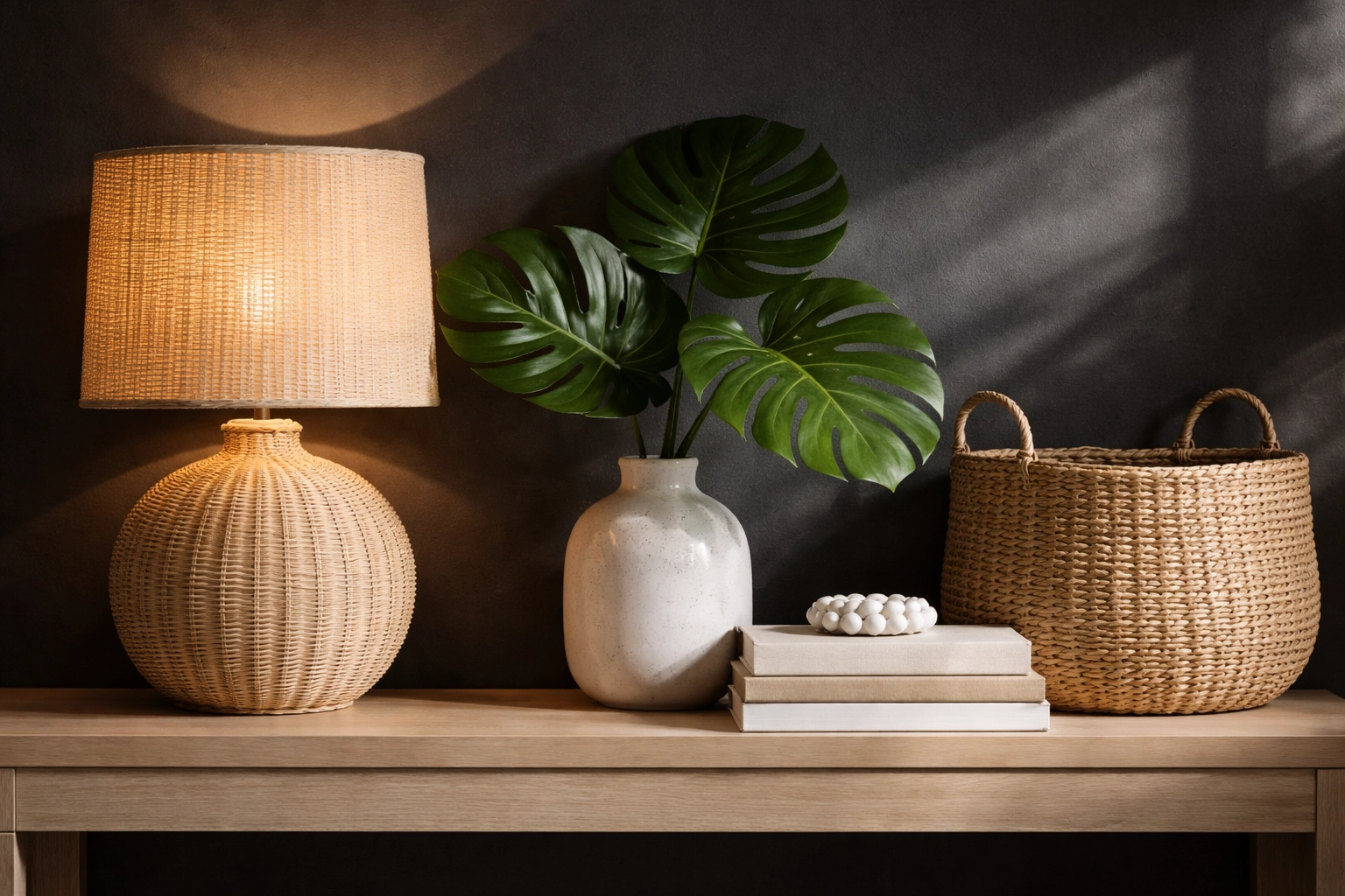 Close-up of a styled console table with rattan lamp and monstera leaves, highlighting top subtropical décor for Brisbane homes.