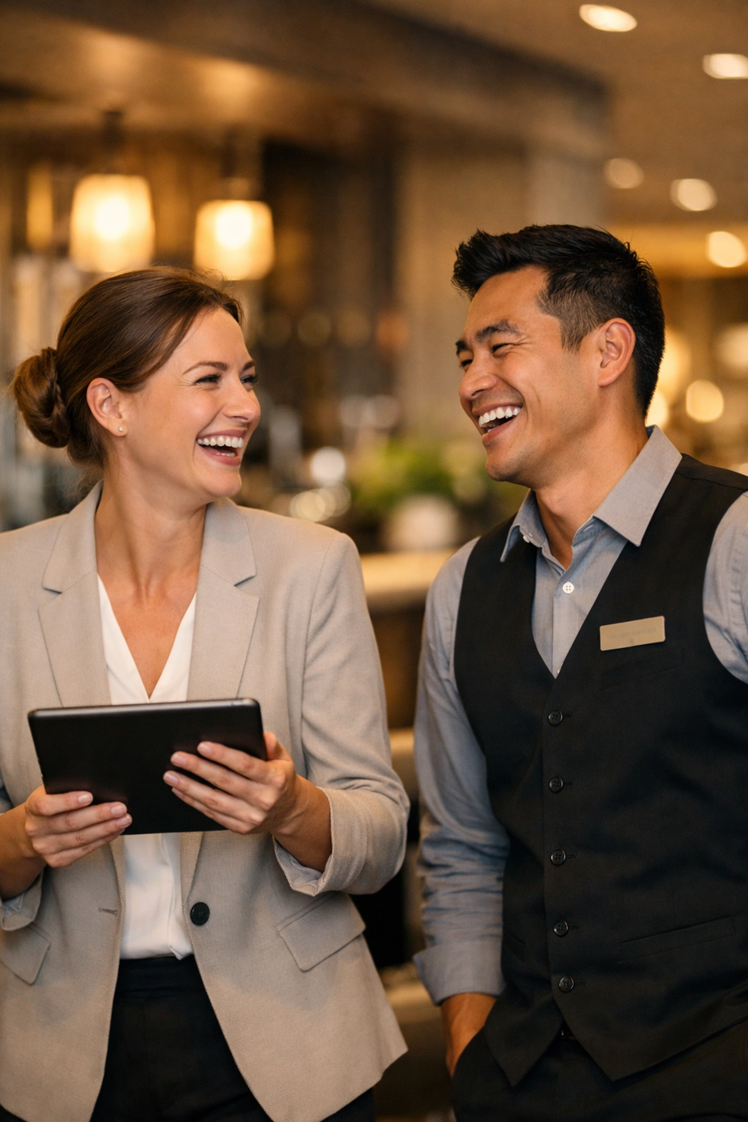 Hospitality team members sharing a lighthearted moment in a contemporary workspace with reclaimed time for connection.