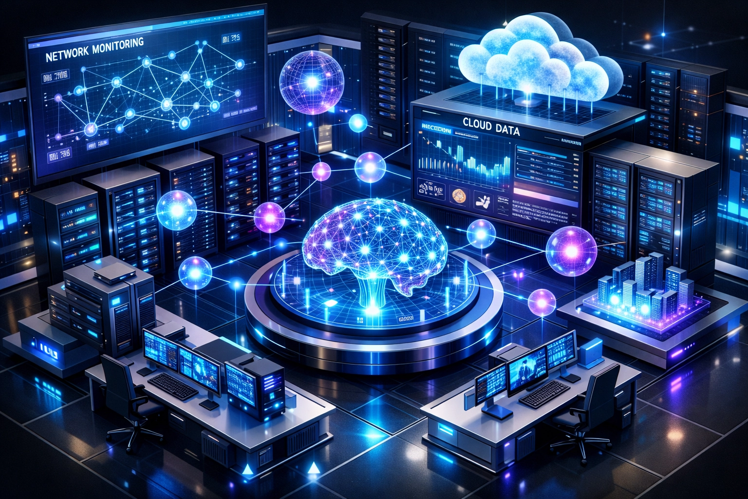 ServiceNow ITOM command center with autonomous AI agents managing IT infrastructure