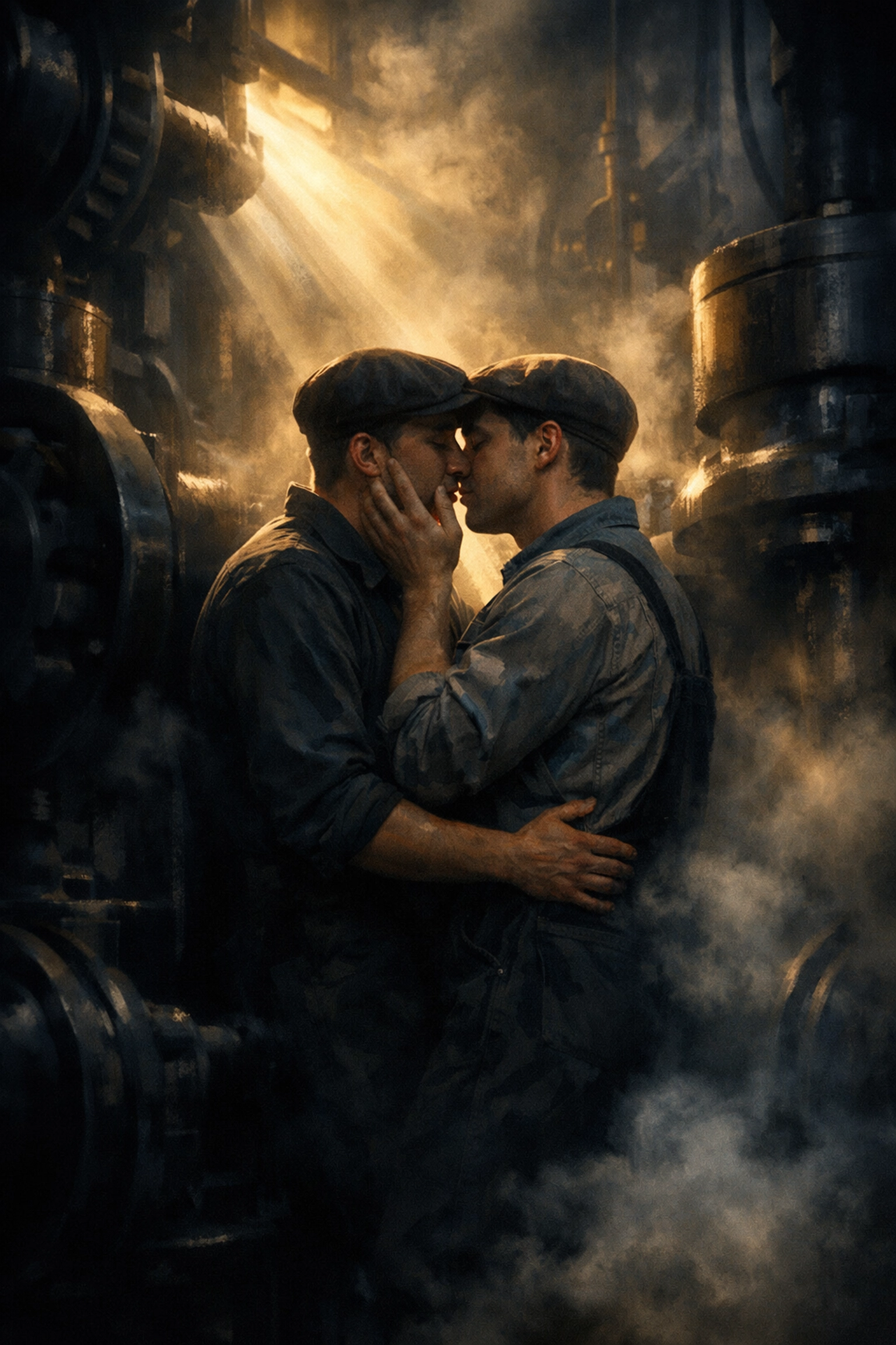 Gay men embracing between factory machinery during WWII home front era