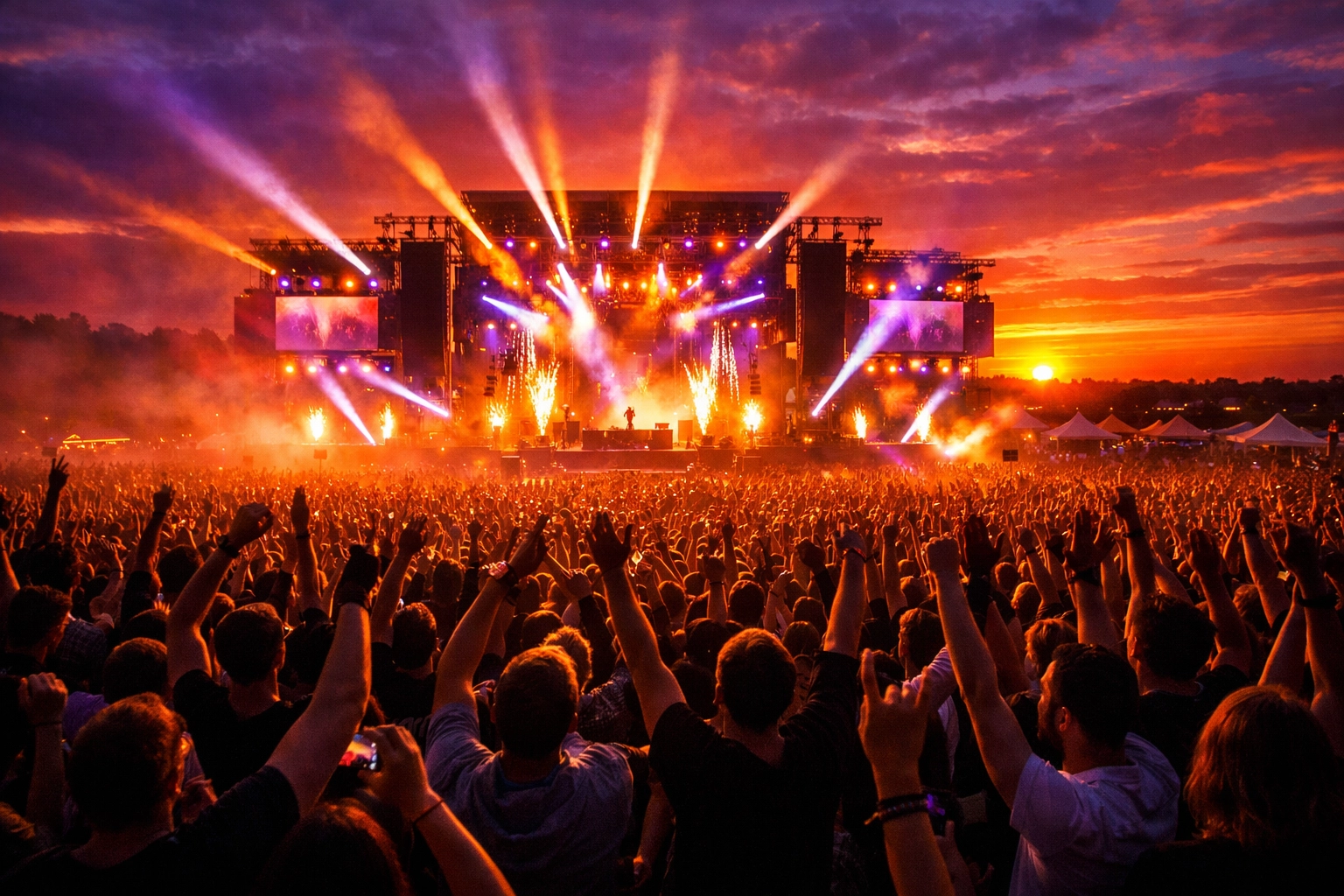 Massive music festival crowd at sunset showcasing high-end brand integration and live entertainment production