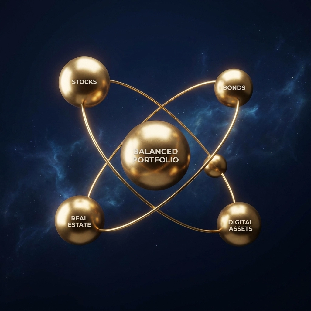 Visual metaphor of diversified investment assets: golden spheres representing stocks, bonds, real estate, and crypto: demonstrating balanced portfolio structure.