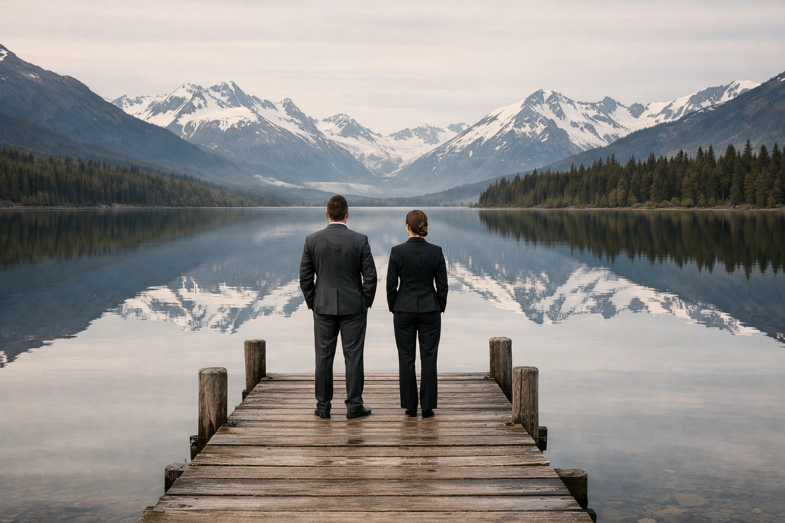 Last Frontier Insurance professionals by an Alaskan lake serving as local business risk guides.