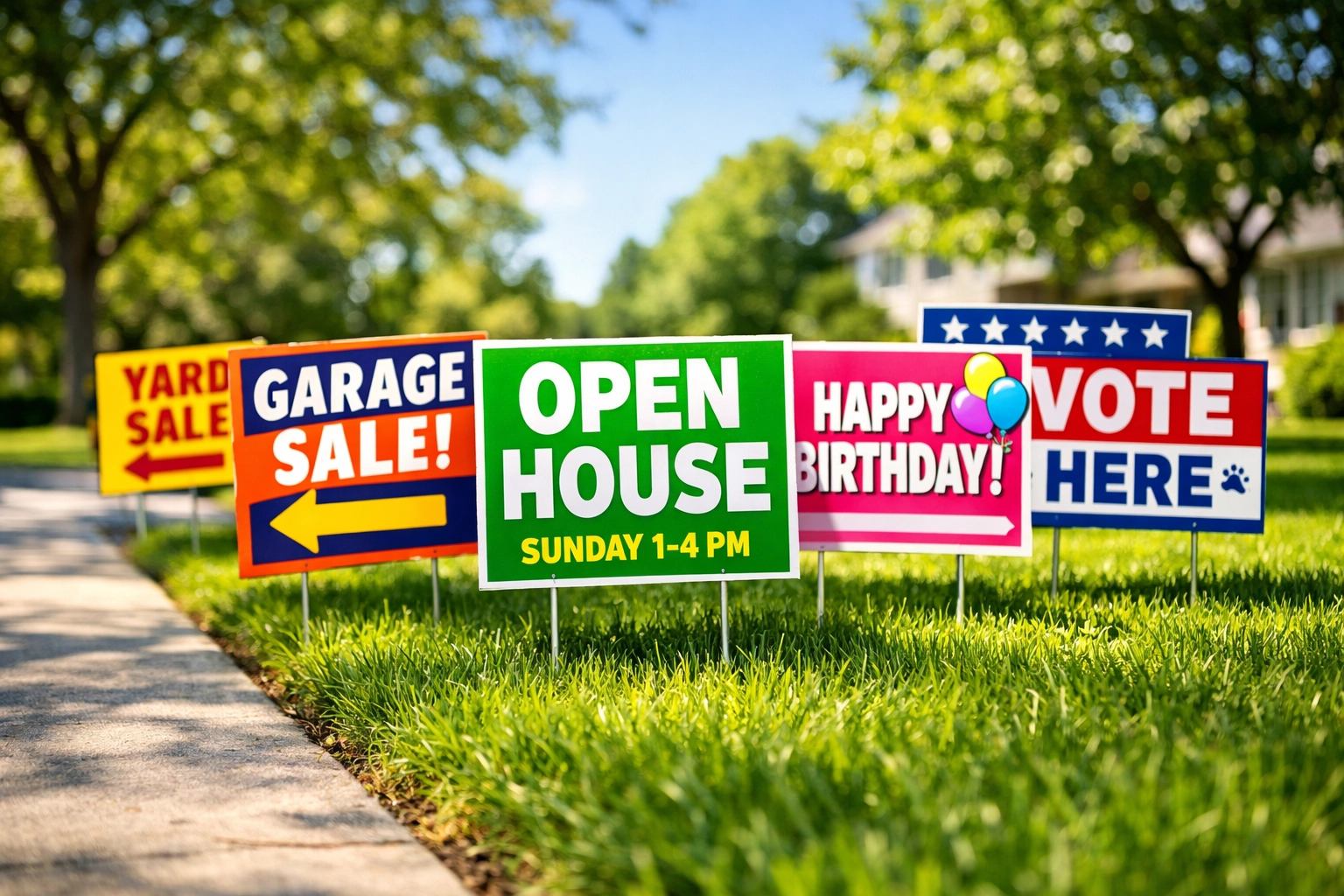 Custom yard signs placed on a suburban lawn for effective local business marketing in North Texas.