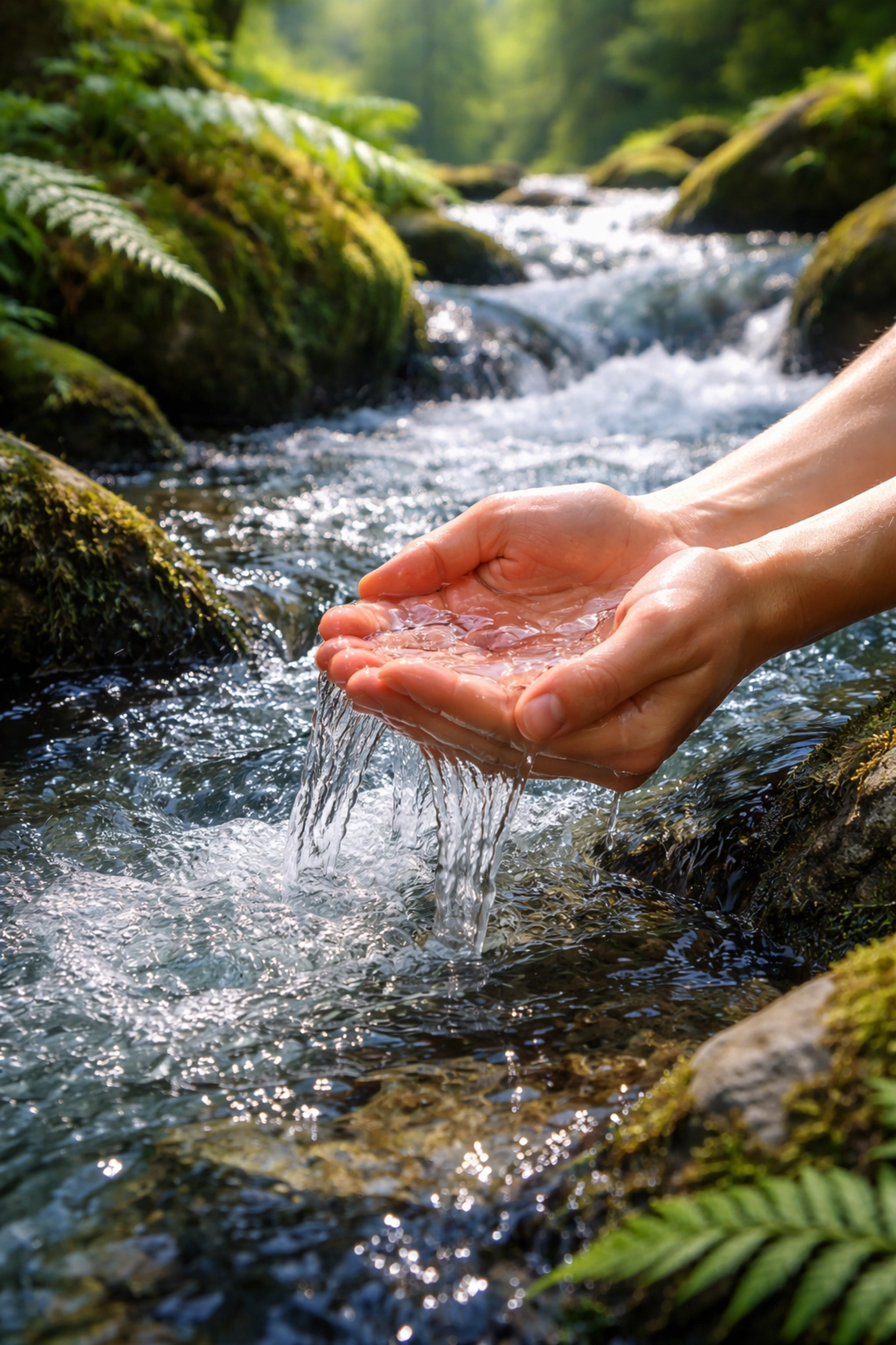 Hands collecting fresh water from a flowing UK stream, highlighting essential camping survival skills.