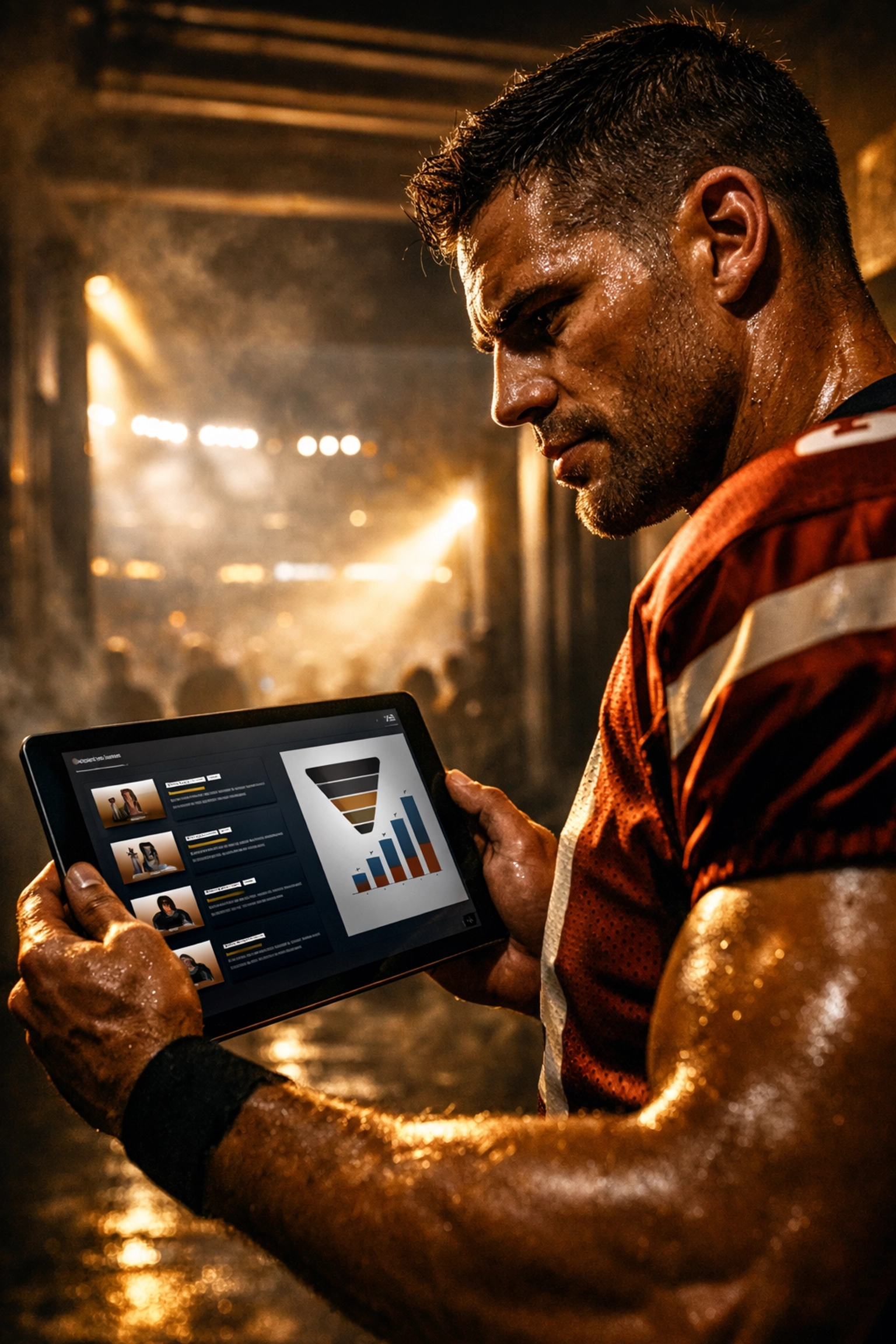 A professional athlete in a stadium reviewing a successful NIL digital marketing campaign on a tablet.