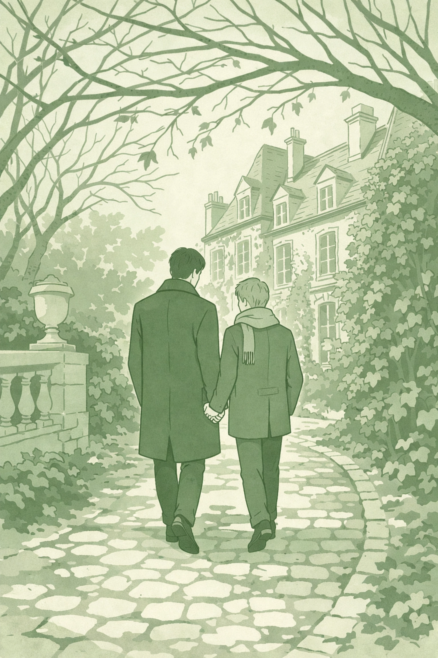 Two men hold hands walking through secret winter garden in Paris MM romance setting