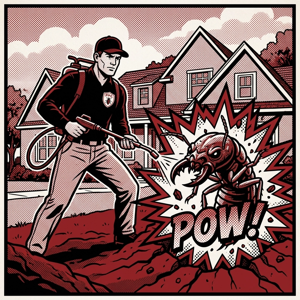 Comic book illustration of a Birmingham pest control technician protecting a home from a giant termite.