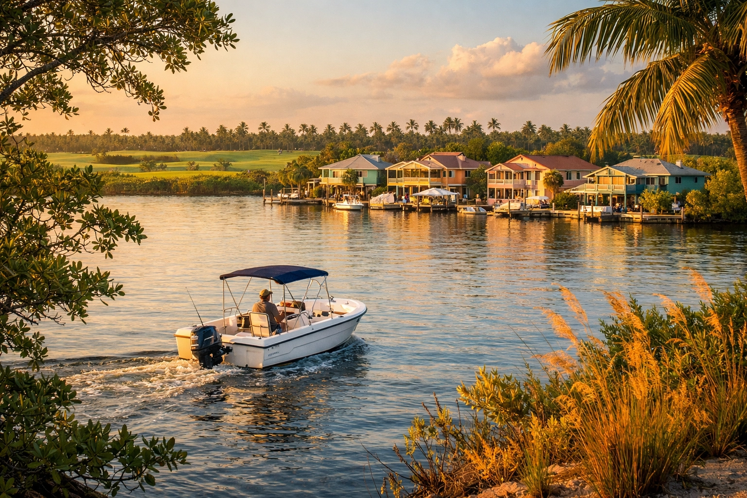 Boating on Matlacha Pass in Northwest Cape Coral with waterfront homes